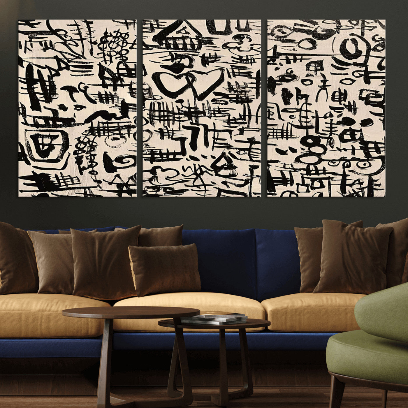 68273-MGV-CV-60X30-3P - Abstract Love and Chaos Canvas Print, Black Symbols on Beige