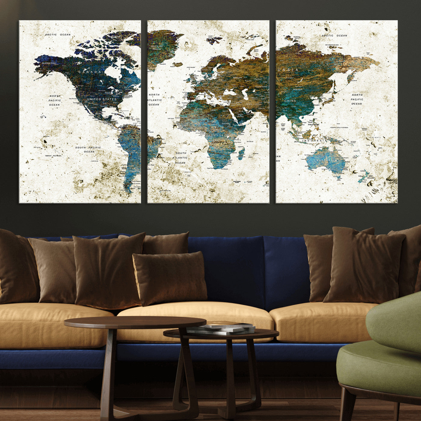 89176-MGV-CV-36X24-Vintage Blue and Brown World Map Canvas Wall Art – Framed Rustic Map Print, Earth Tone Travel Decor for Stylish Home and Office Walls