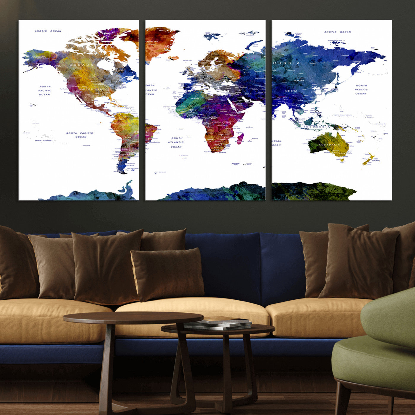 90446-MGV-CV-36X24-Colorful Watercolor World Map Canvas Wall Art – Framed Modern Push Pin Travel Map for Home and Office Decor