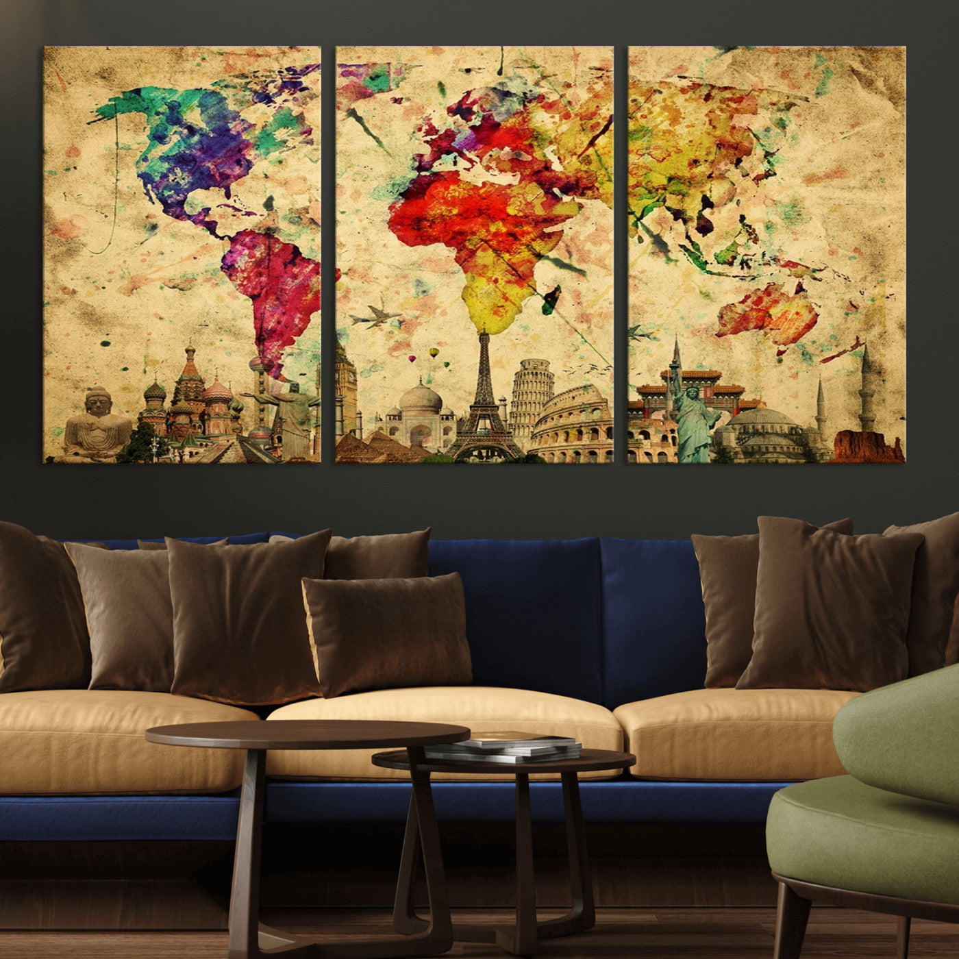 -Colorful Watercolor World Map Canvas Wall Art – Framed Landmark Travel Map Print, Vibrant Global Artwork for Home and Office Decor