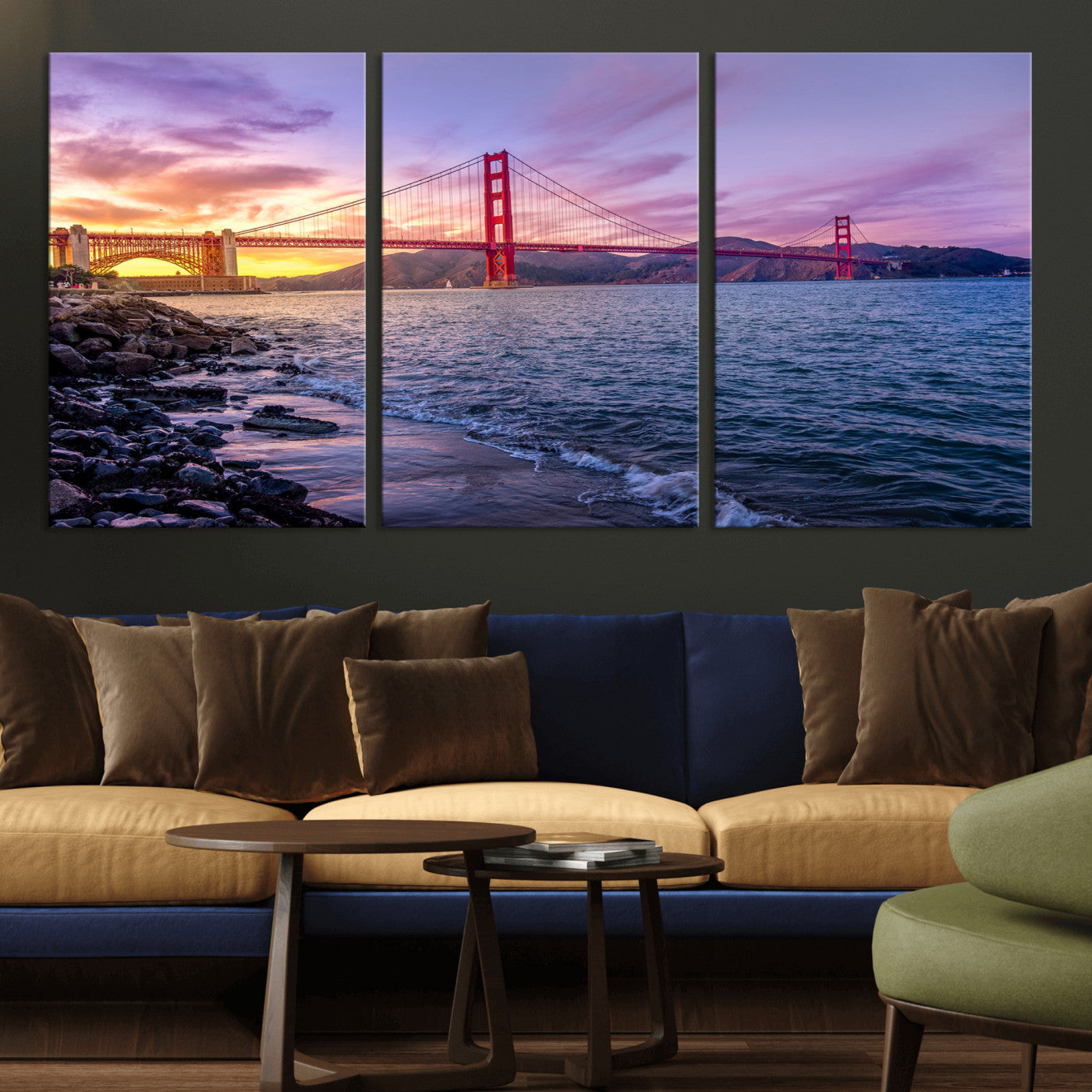 24256-MGV-CV-36X24 - Golden Gate Bridge Wall Art Print, San Francisco Sunset Canvas Wall Art, Cityscape Canvas Print for