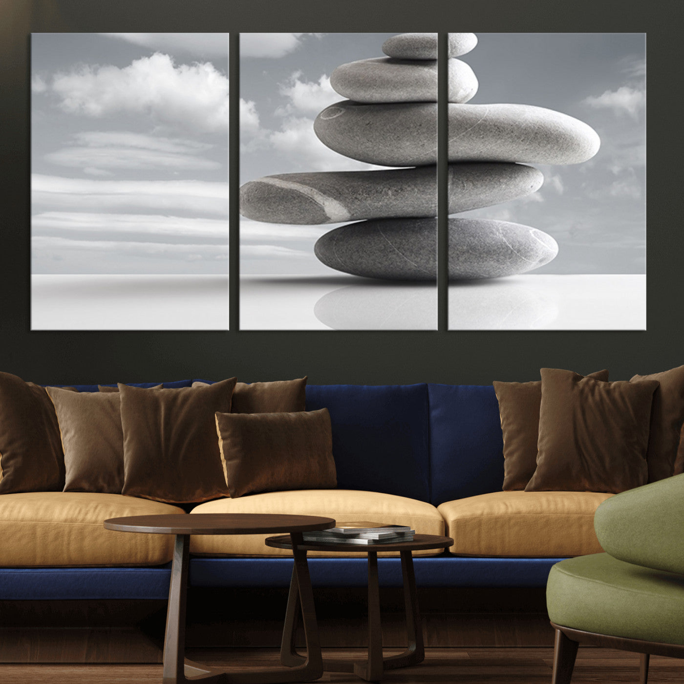 -Still Life Black and White Zen Stones Wall Art Canvas, Framed Black and White Zen Stones Canvas