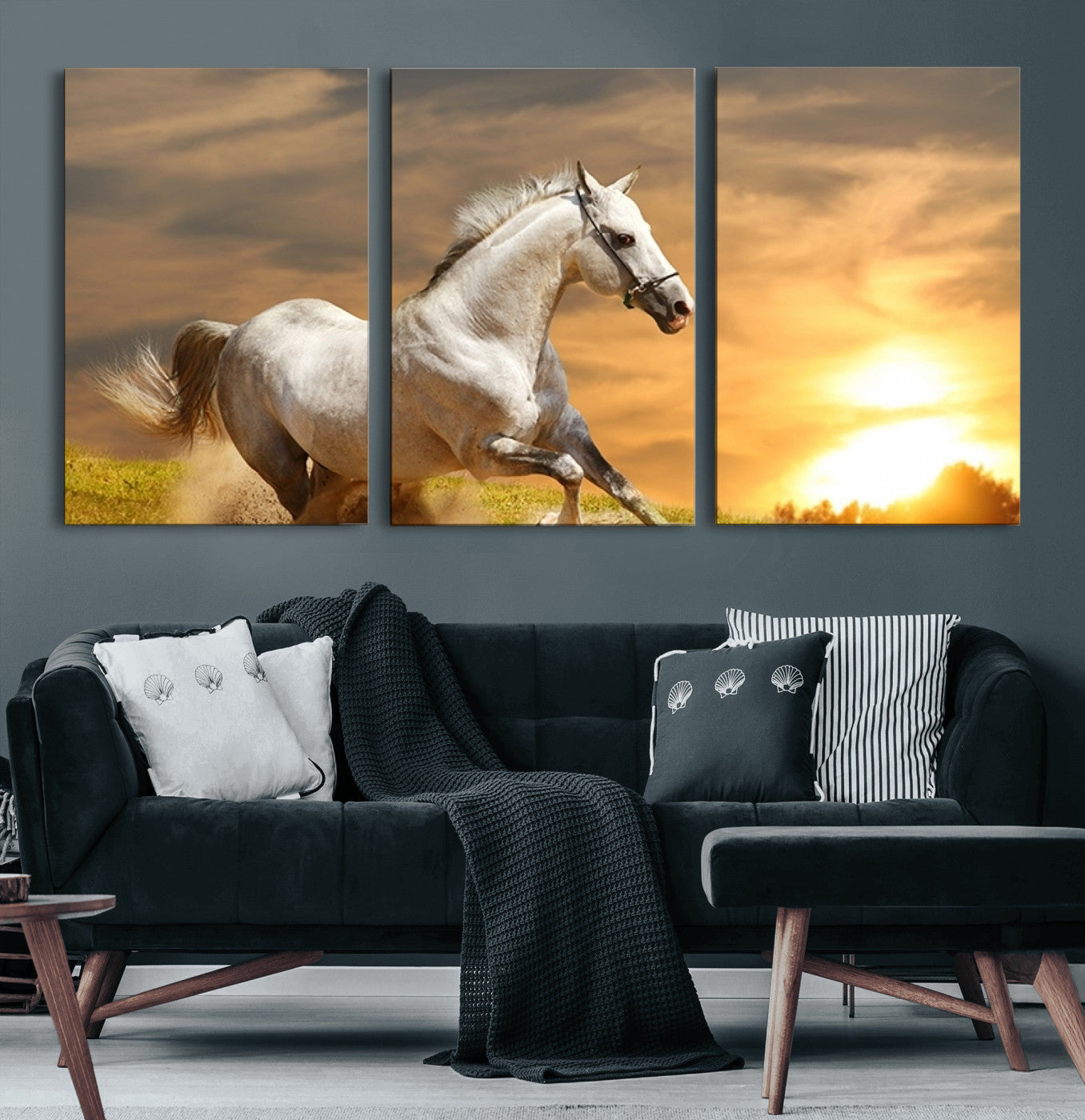 27413-MGV-CV-60X30-3P-Large Wall Art Galloping White Horse at Sunset Canvas Print