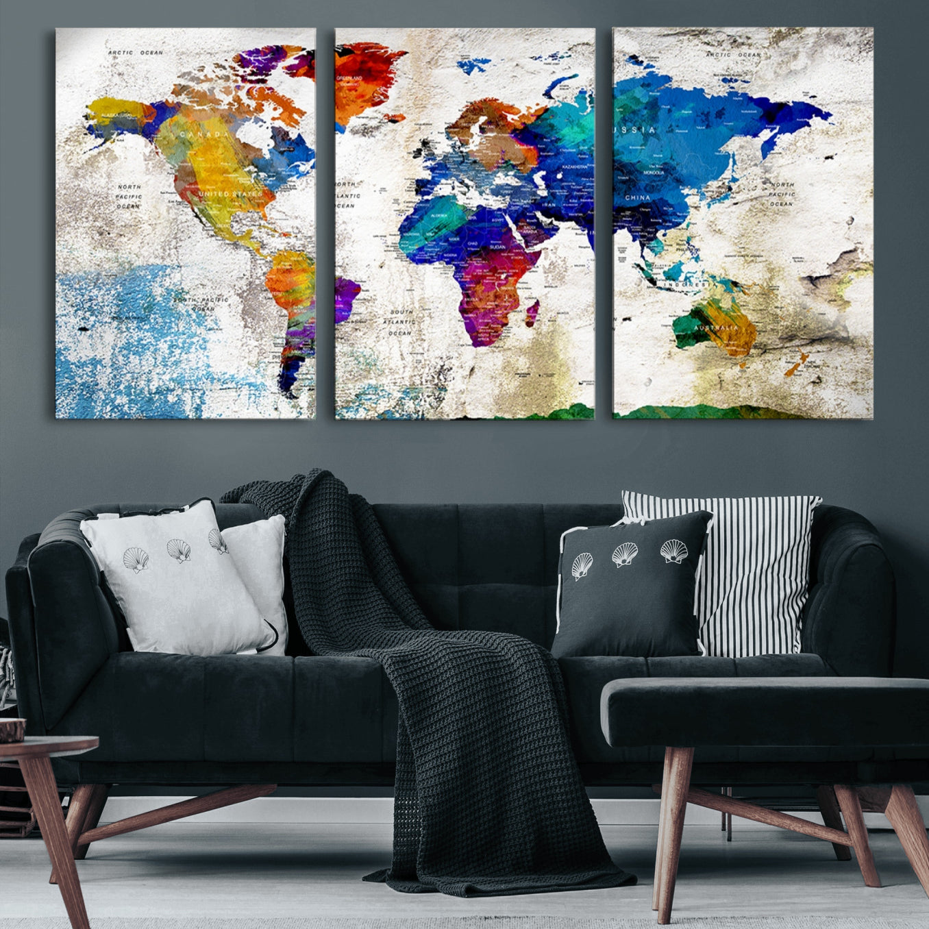 86271-MGV-CV-60X30-3P-Push Pin World Map Canvas Print – Framed Travel Map Wall Art for Couples, Anniversary Gift, Modern Home or Office Decor