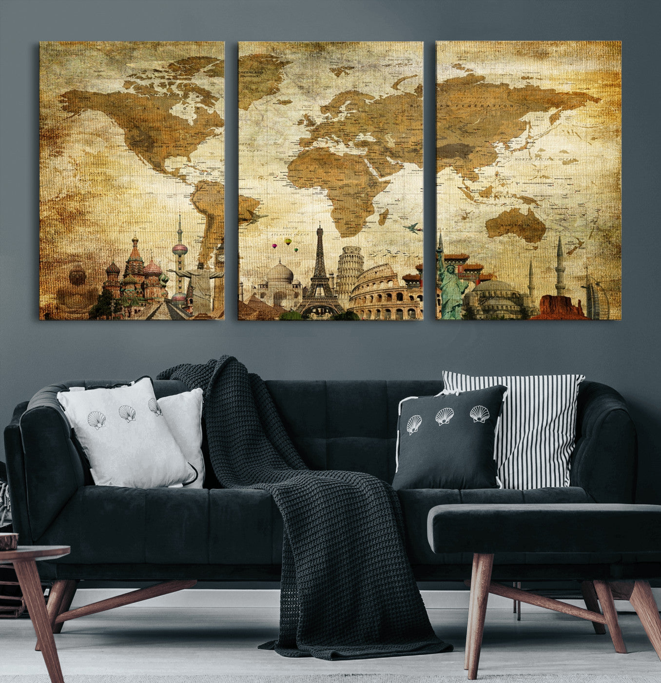 97849-MGV-CV-60X30-3P-Vintage World Map Canvas Wall Art – Framed Push Pin Travel Map with Famous Landmarks, Rustic Home and Office Decor Artwork for Travelers