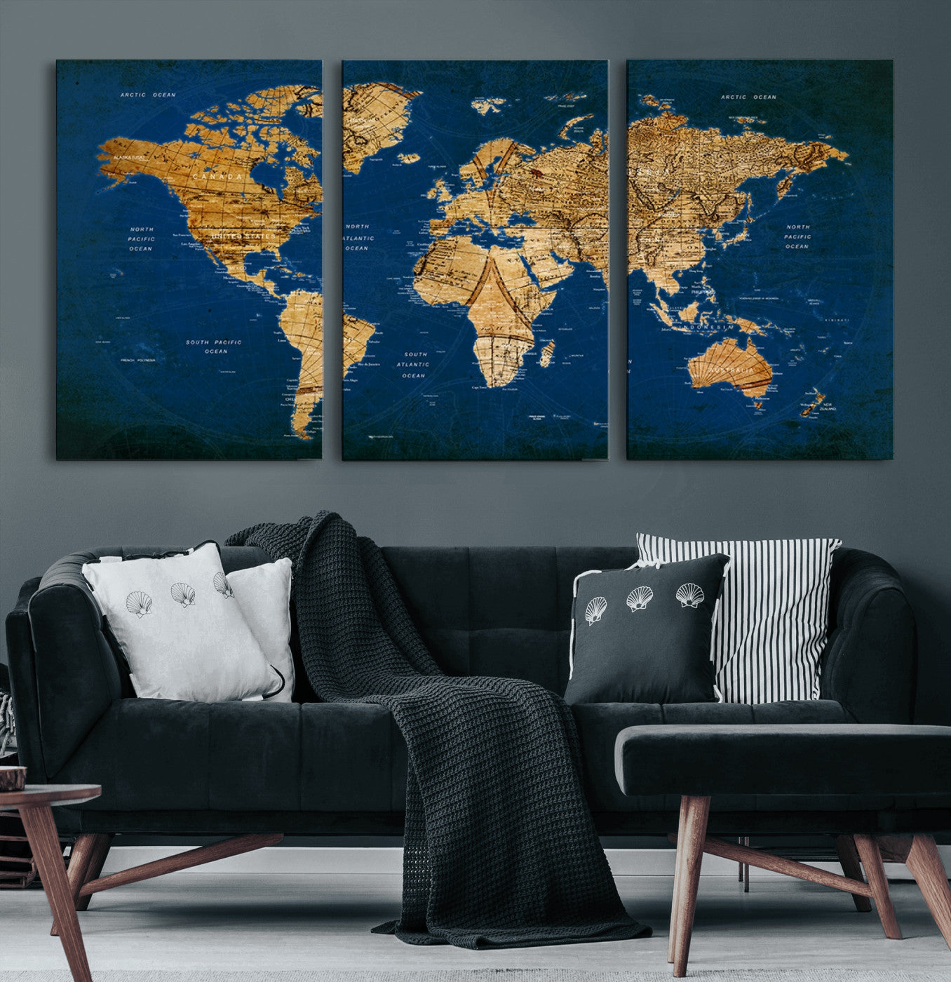 -Navy Blue and Gold World Map Canvas Print – Framed Luxury Push Pin Wall Art, Elegant Vintage Travel Map Decor for Home or Office