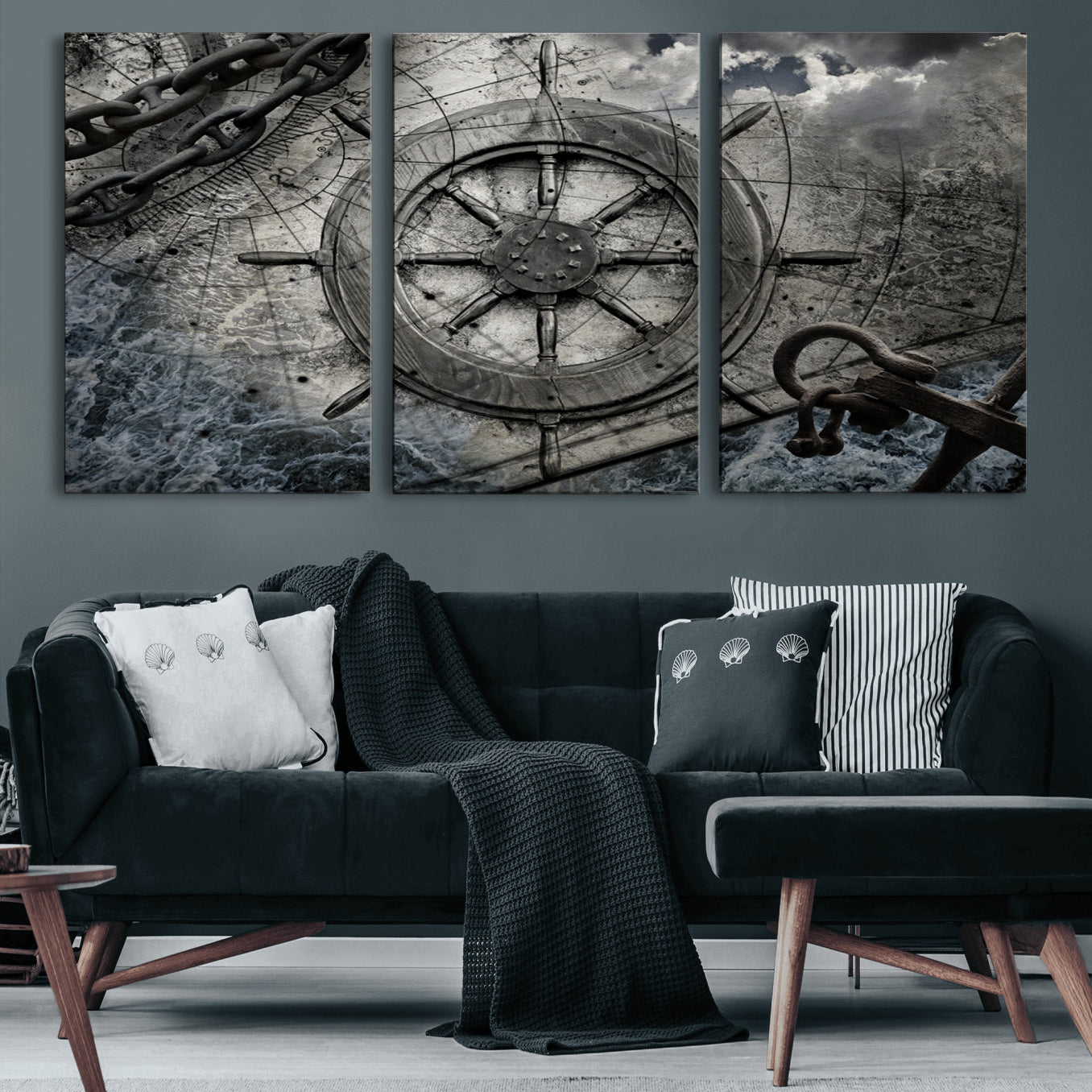 36770-MGV-CV-60X30-3P-Ship Steering Wheel Vintage Wall Art Canvas Print