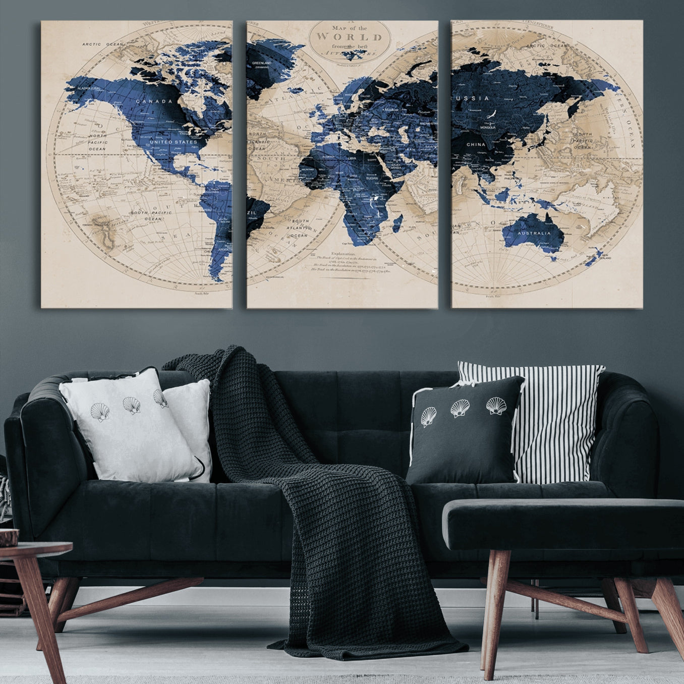 67444-MGV-CV-60X30-3P-Vintage Blue World Map Canvas Wall Art – Antique Style Framed Map Print, Elegant Travel Decor for Home Office or Study