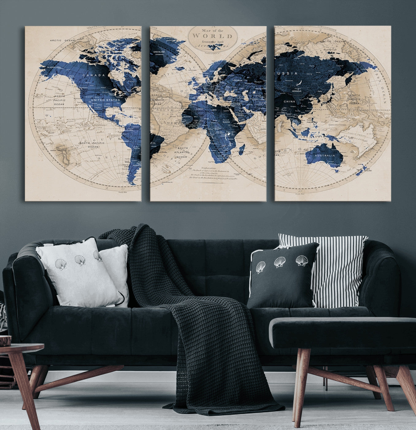 67444-MGV-CV-60X30-3P-Vintage Blue World Map Canvas Wall Art – Antique Style Framed Map Print, Elegant Travel Decor for Home Office or Study
