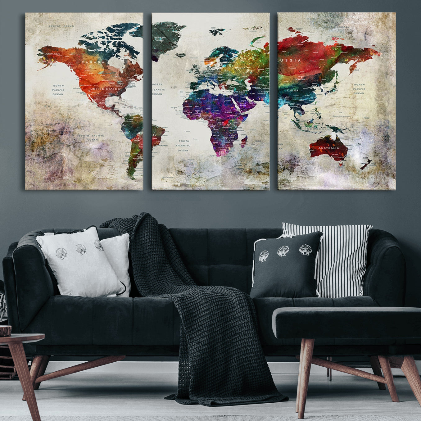 83409-MGV-CV-60X30-3P-Push Pin World Map Canvas Print – Framed Travel Map Wall Art for Couples, Anniversary Gift, Modern Home or Office Decor