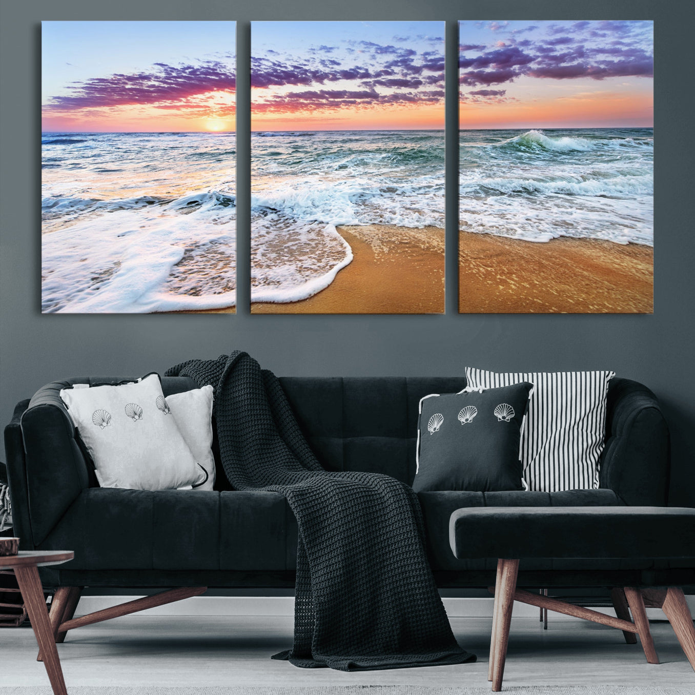53006-MGV-CV-60X30-3P-Coastal Sunset Art Beach Canvas Wall Art Print | Ocean Waves Wall Art | Large 3-Panel Seascape for