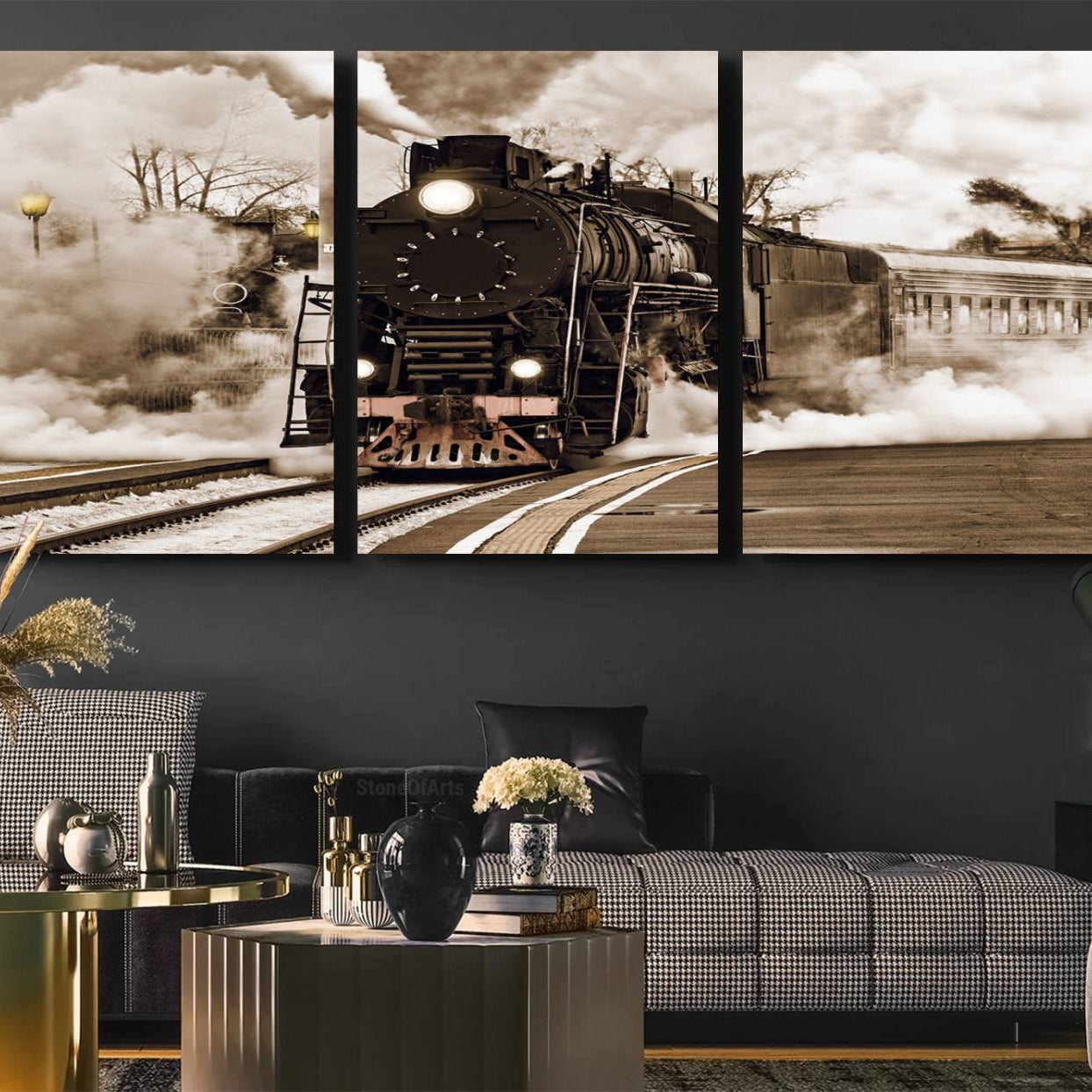 31136-MGV-CV-36X24-Black Steam Train Canvas Wall Art Print Steam Locomotive Art Canvas