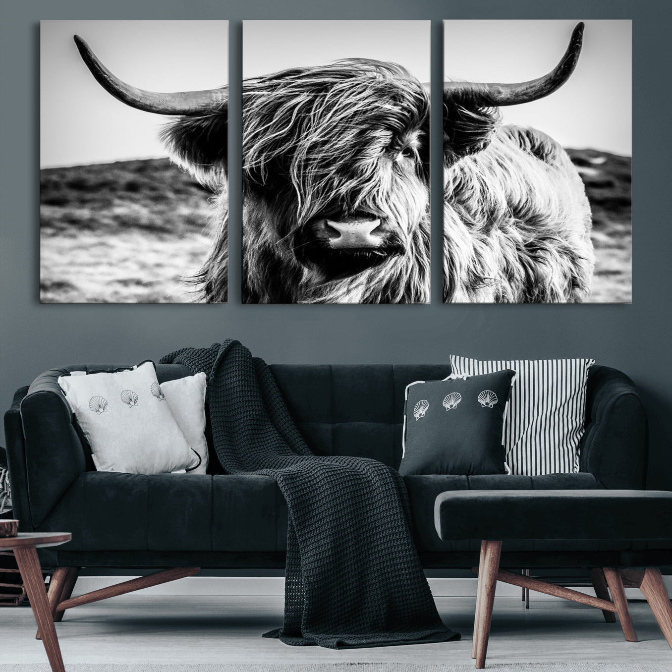 54309-MGV-CV-36X24 - Black and White Scottish Cow Canvas Wall Art Highland Cattle Canvas Print Framed Ready to Hang Original Cotton Canvas High Quality Image Multi Panel Wall Art Printable Artwork for Walls