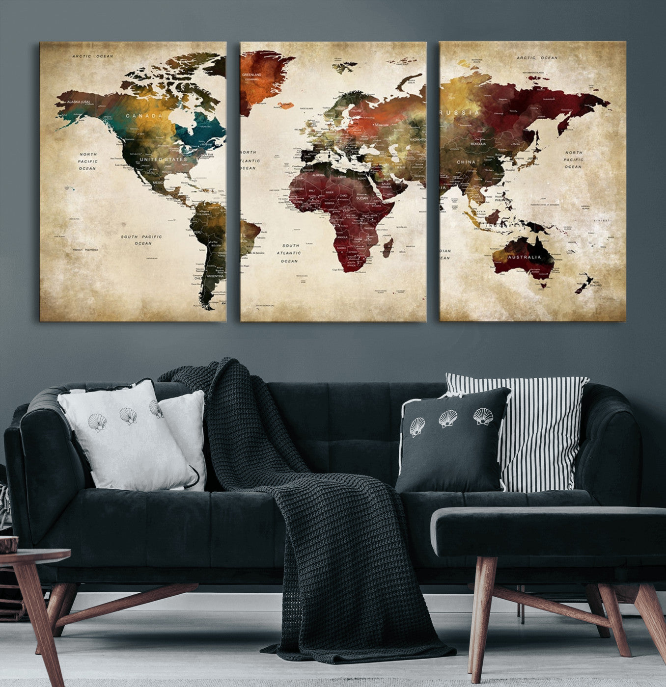 63870-MGV-CV-60X30-3P-World Map Wall Art Canvas Print, Framed Push Pin Map Art Picture Print, Abstract Traveller Map Perfect Modern Decor Artwork for Living Room or Office Decor