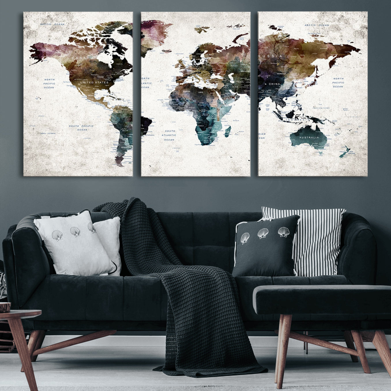42478-MGV-CV-60X30-3P-Push Pin World Map Canvas Print – Framed Travel Map Wall Art for Couples, Anniversary Gift, Modern Home or Office Decor