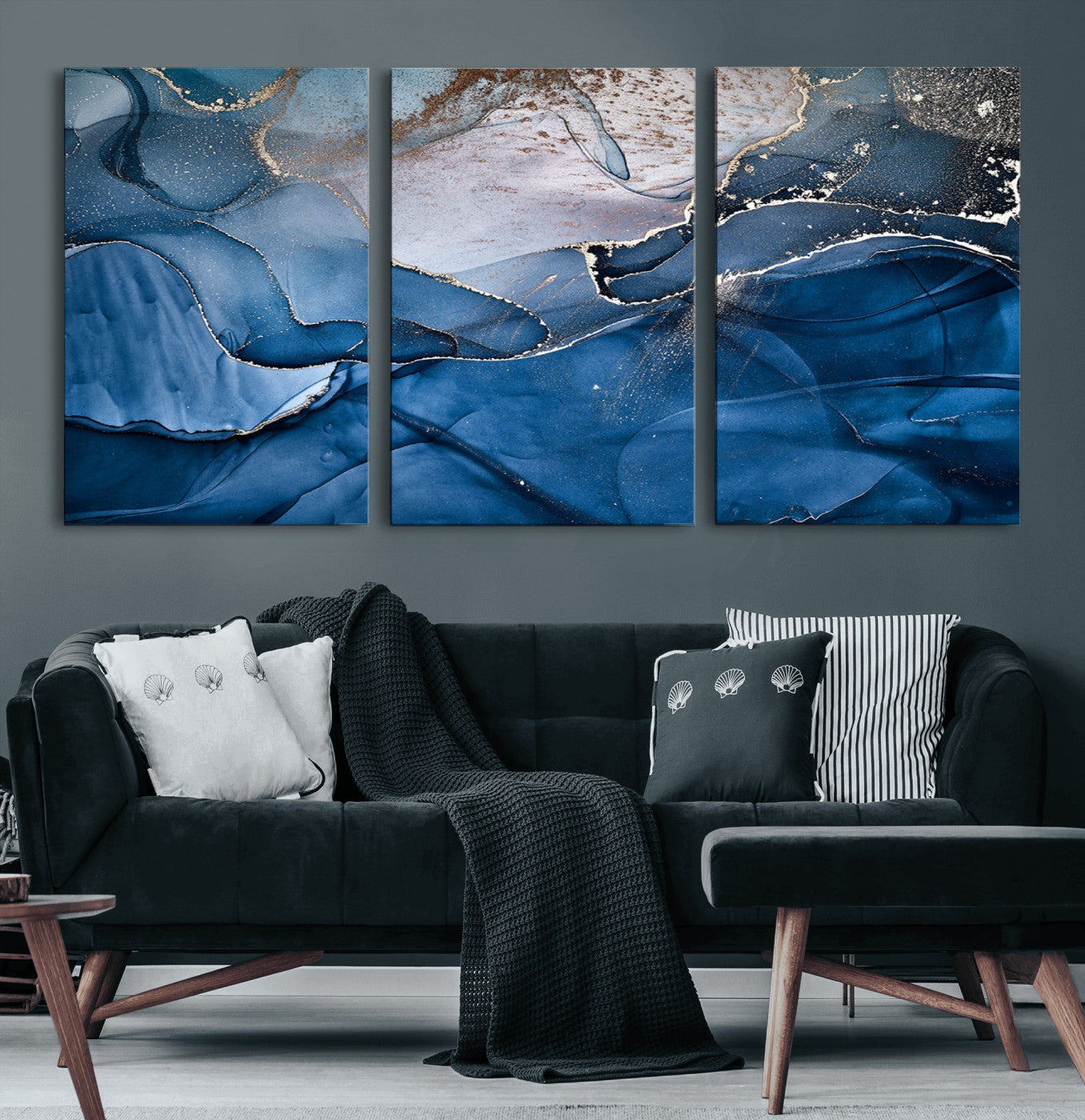 27810-MGV-CV-60X30-3P-Navy Blue Canvas Art Abstract Print – Elegant Triptych Modern Art Print – Contemporary Decor for Living Room or Office