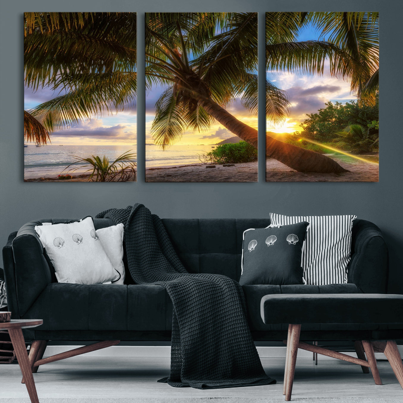 49751-MGV-CV-60X30-3P-Tropical Island Sunset on the Beach Palms Wall Art Canvas Print