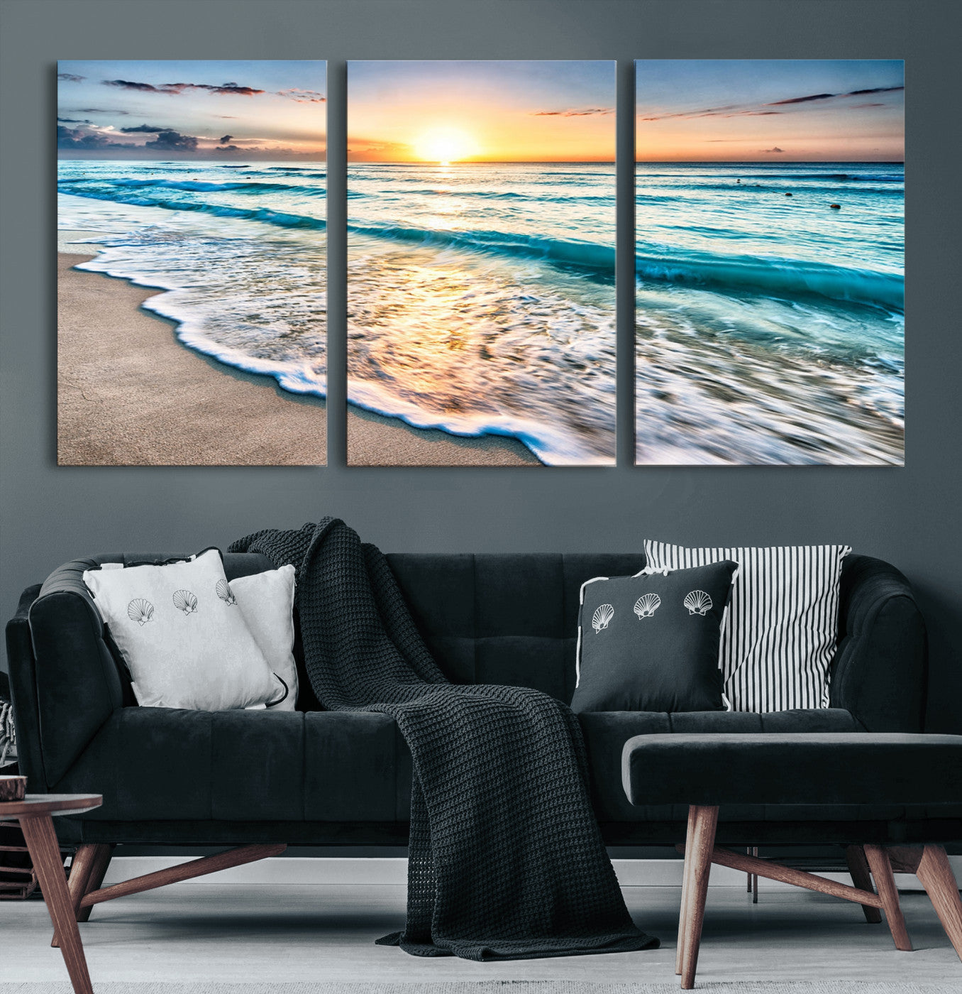 27815-MGV-CV-36X24-Sunset Beach Waves Canvas Wall Art – 5-Panel Ocean Sunset Print – Coastal Decor for Living Room or