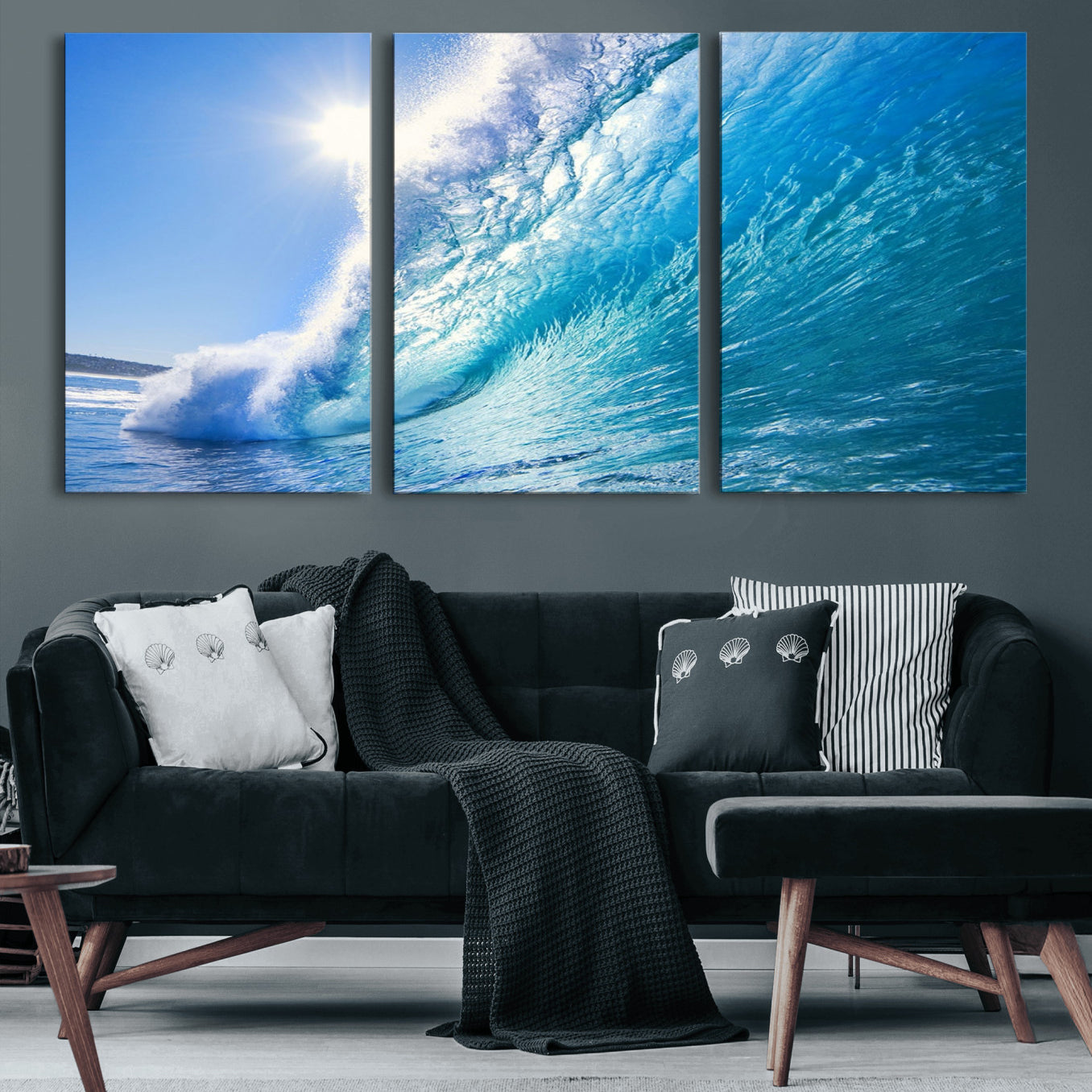 -Blue Big Wave Surfing Ocean Canvas Wall Art Artwork Print
