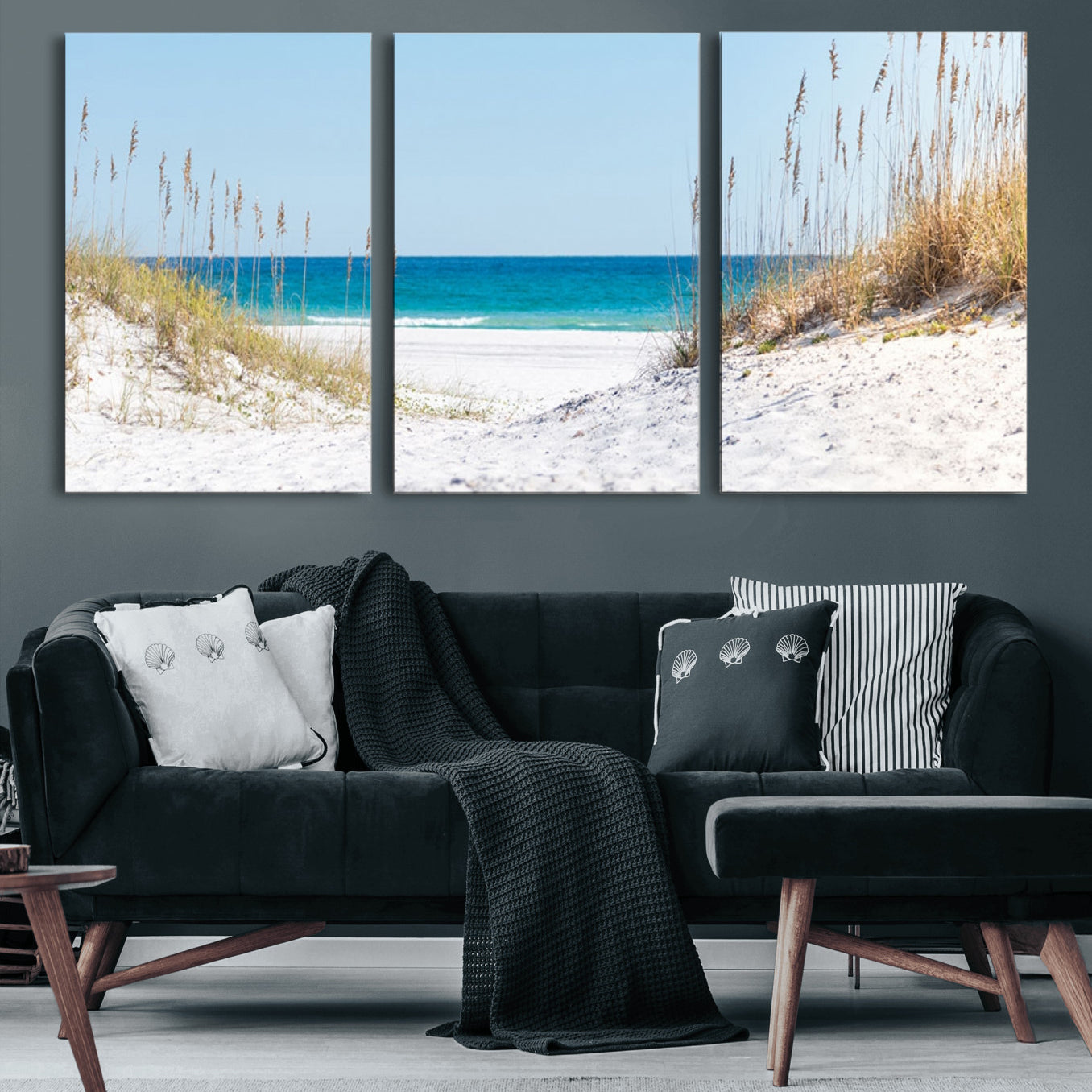 58498-MGV-CV-60X30-3P-Serene Coastal Dune Path with Ocean View, 3-Panel Beach Canvas Wall Art, Tranquil Seascape Giclee