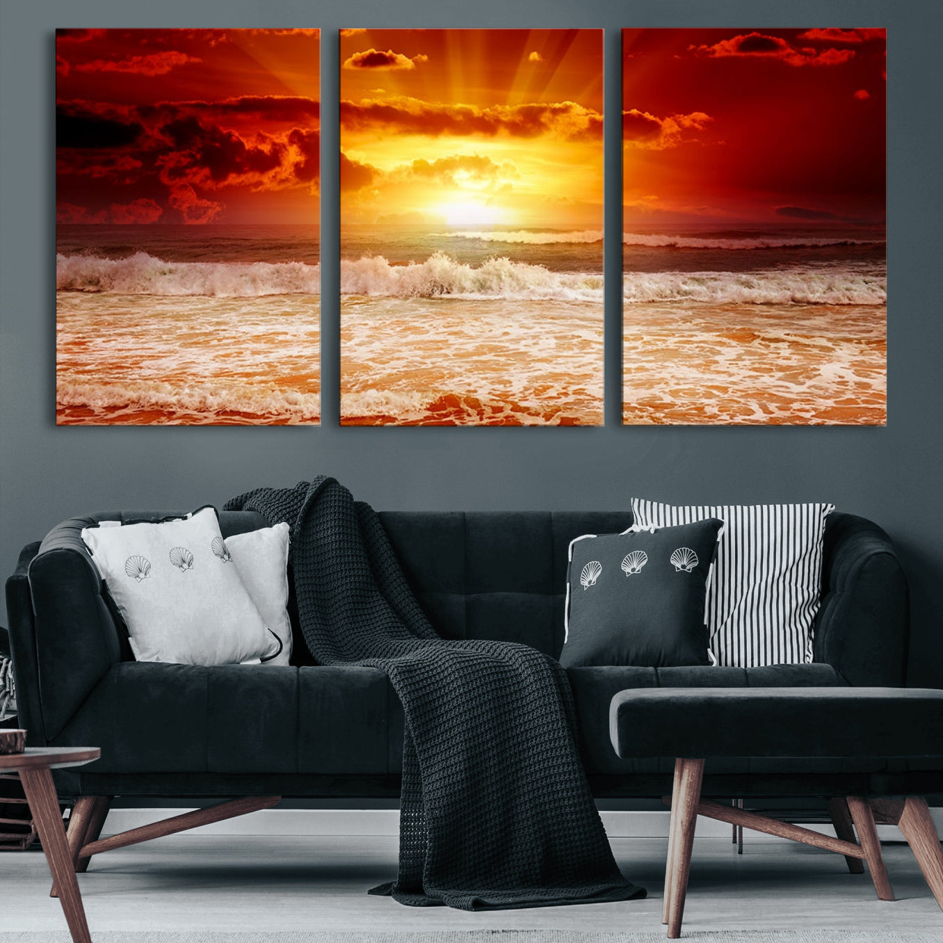 60211-MGV-CV-60X30-3P-Red Sunset Ocean Beach Canvas Wall Art Beach Canvas, Coastal Sunset Print