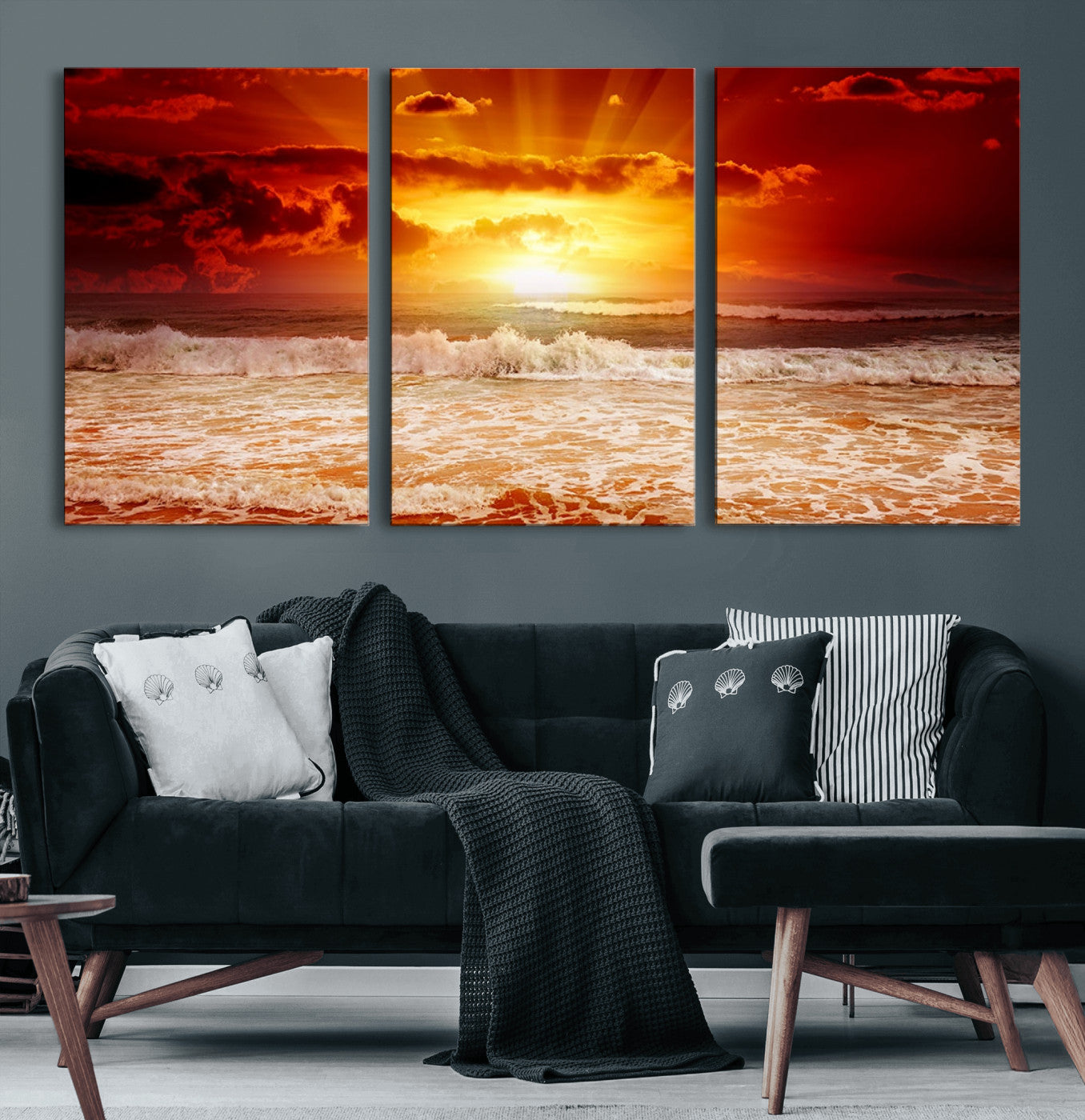 60211-MGV-CV-60X30-3P-Red Sunset Ocean Beach Canvas Wall Art Beach Canvas, Coastal Sunset Print