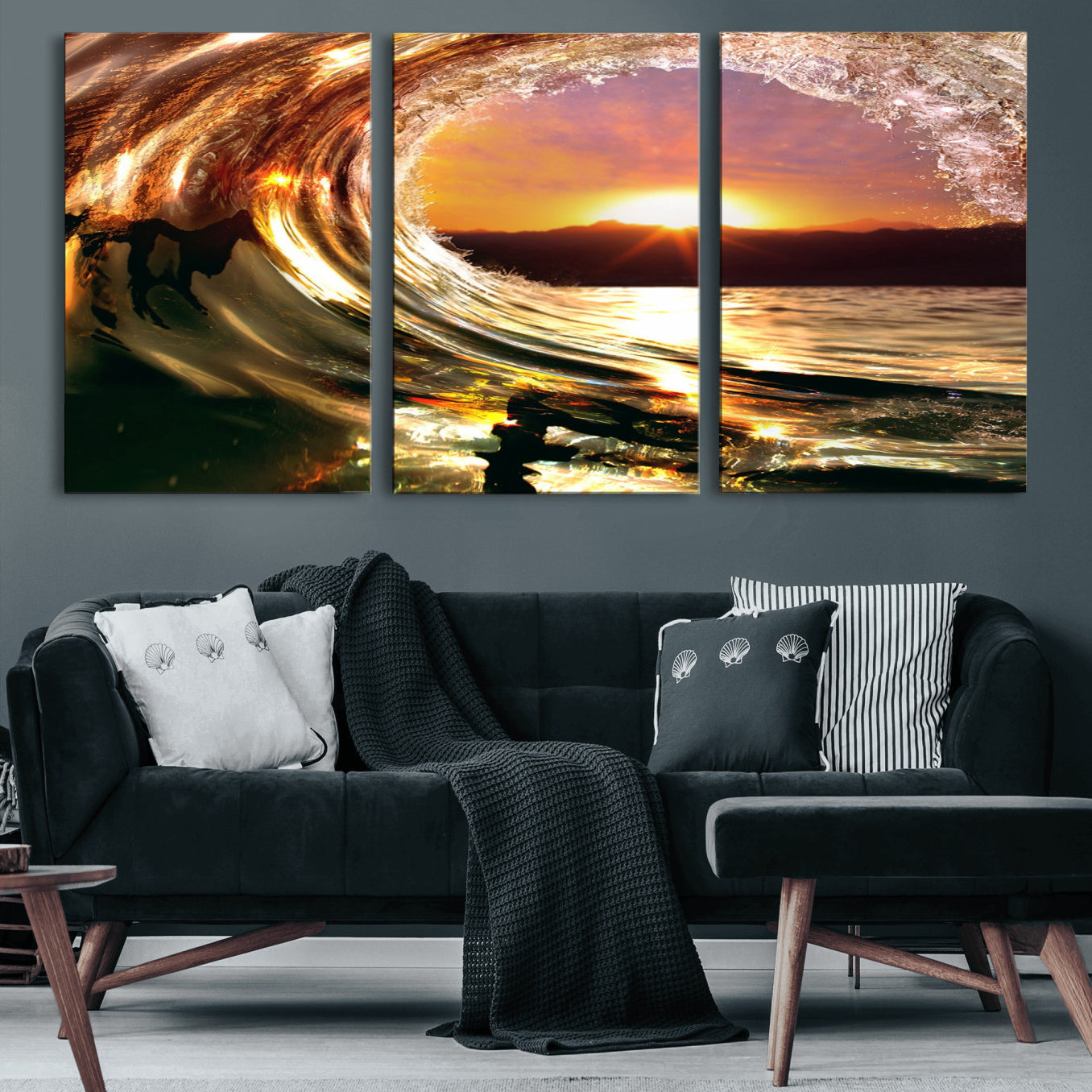 71523-MGV-CV-60X30-3P-Golden Wave Sunset Triptych Canvas Art, Giclee Canvas Print of Ocean Wave and Sunset, Framed Ocean