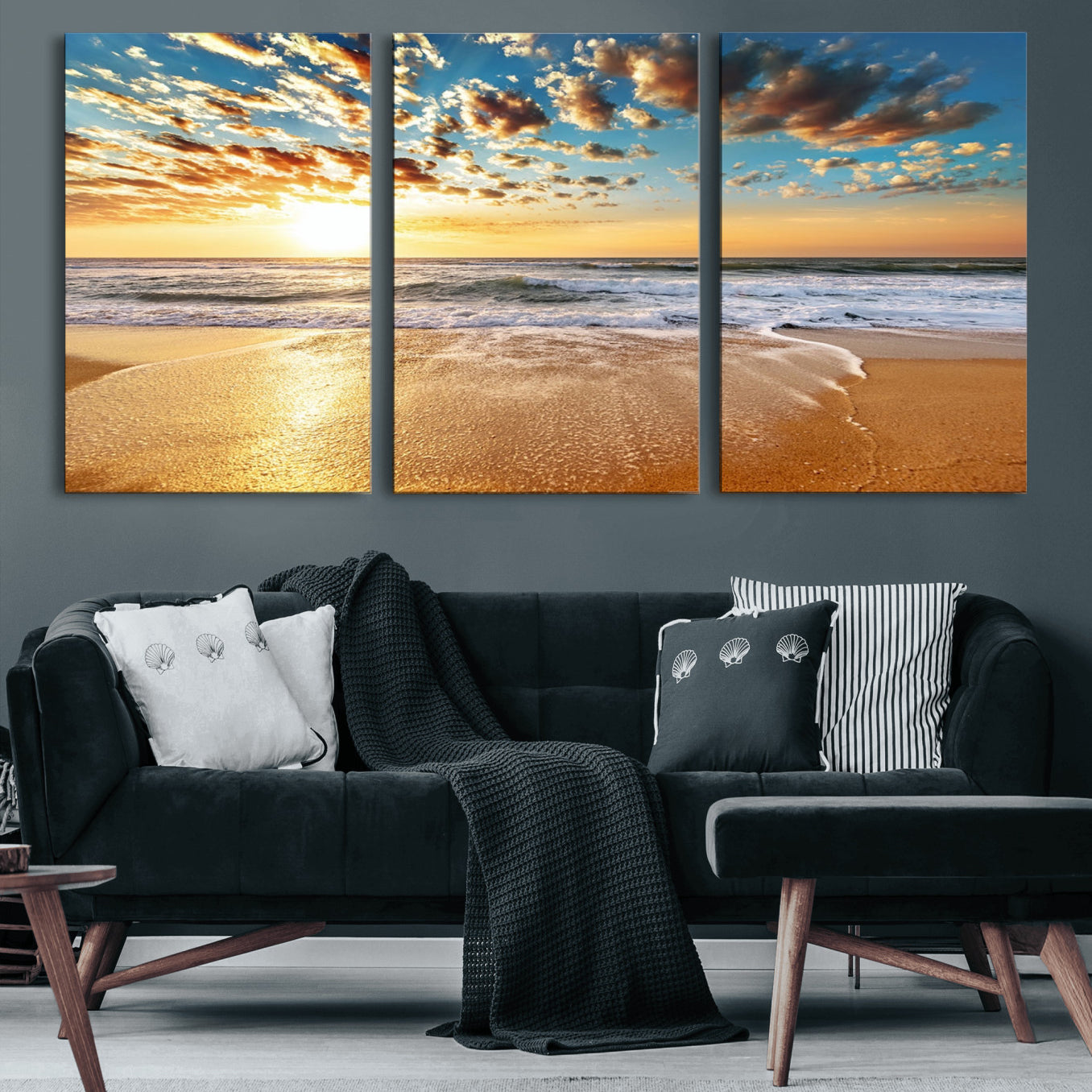 -Golden Sunset Beach Print Canvas Wall Art, Giclee Canvas Print with Canon Print Quality, Triptych