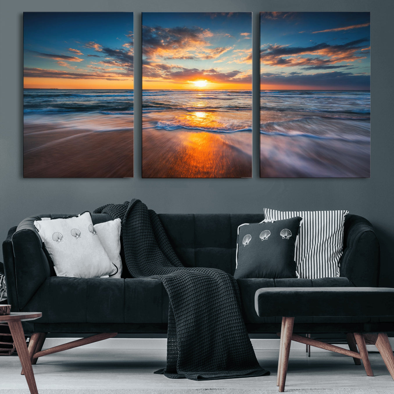 72719-MGV-CV-60X30-3P-Sunset on the Ocean Beach with Waves, Reflections on Sand, Coastal Wall Art Print, Beach Wall Art,
