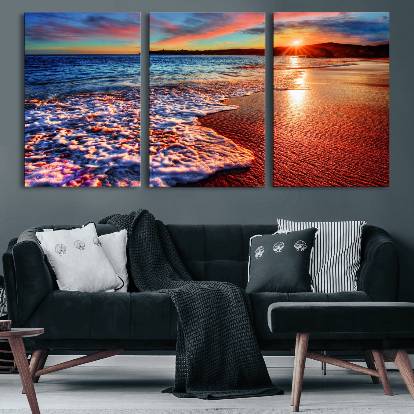 -Colorful Coastal Sunset on the Beach Canvas Print, Ocean Waves Crashing at Dusk, Multi-Panel