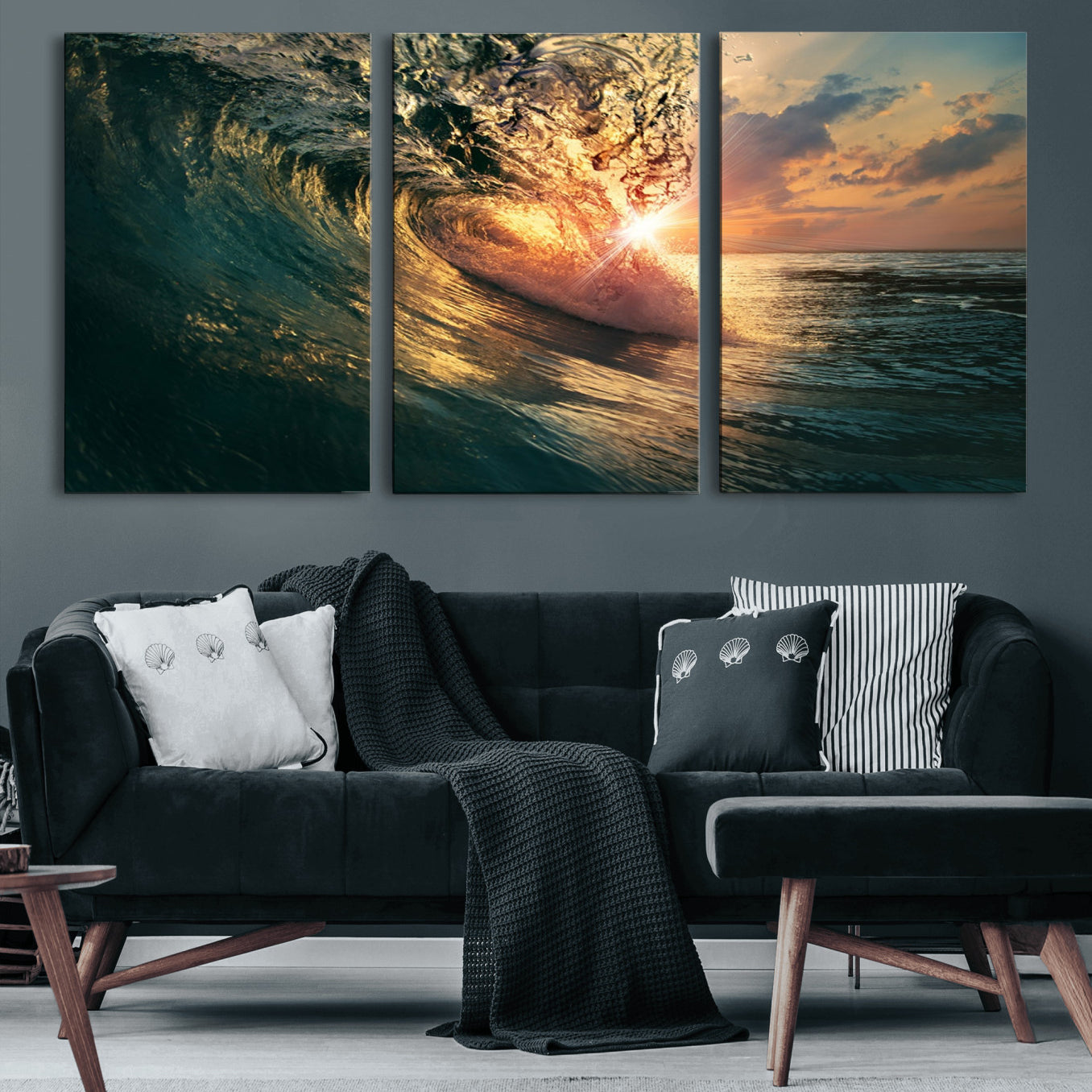 55359-MGV-CV-60X30-3P-Ocean Wave Sunset Canvas Wall Art – Triptych Seascape Print – Framed and Ready to Hang for Living