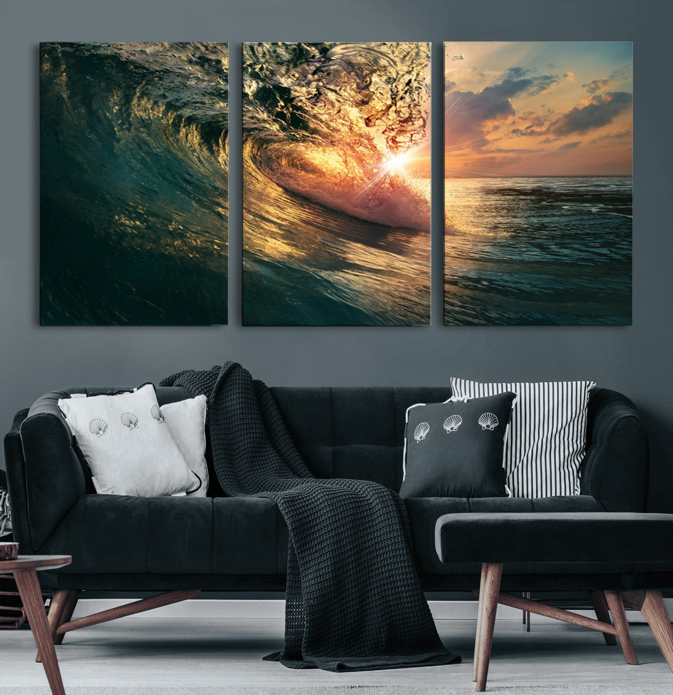 55359-MGV-CV-60X30-3P-Ocean Wave Sunset Canvas Wall Art – Triptych Seascape Print – Framed and Ready to Hang for Living