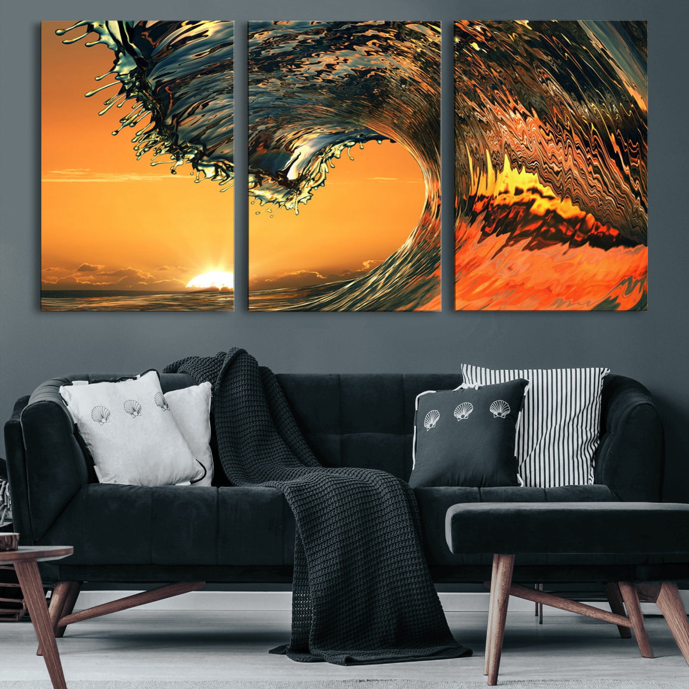96977-MGV-CV-60X30-3P-Surf Wave Sunset Canvas Wall Art Print, 3-Panel Ocean Coastal Wall Art Print, Ocean Decor for