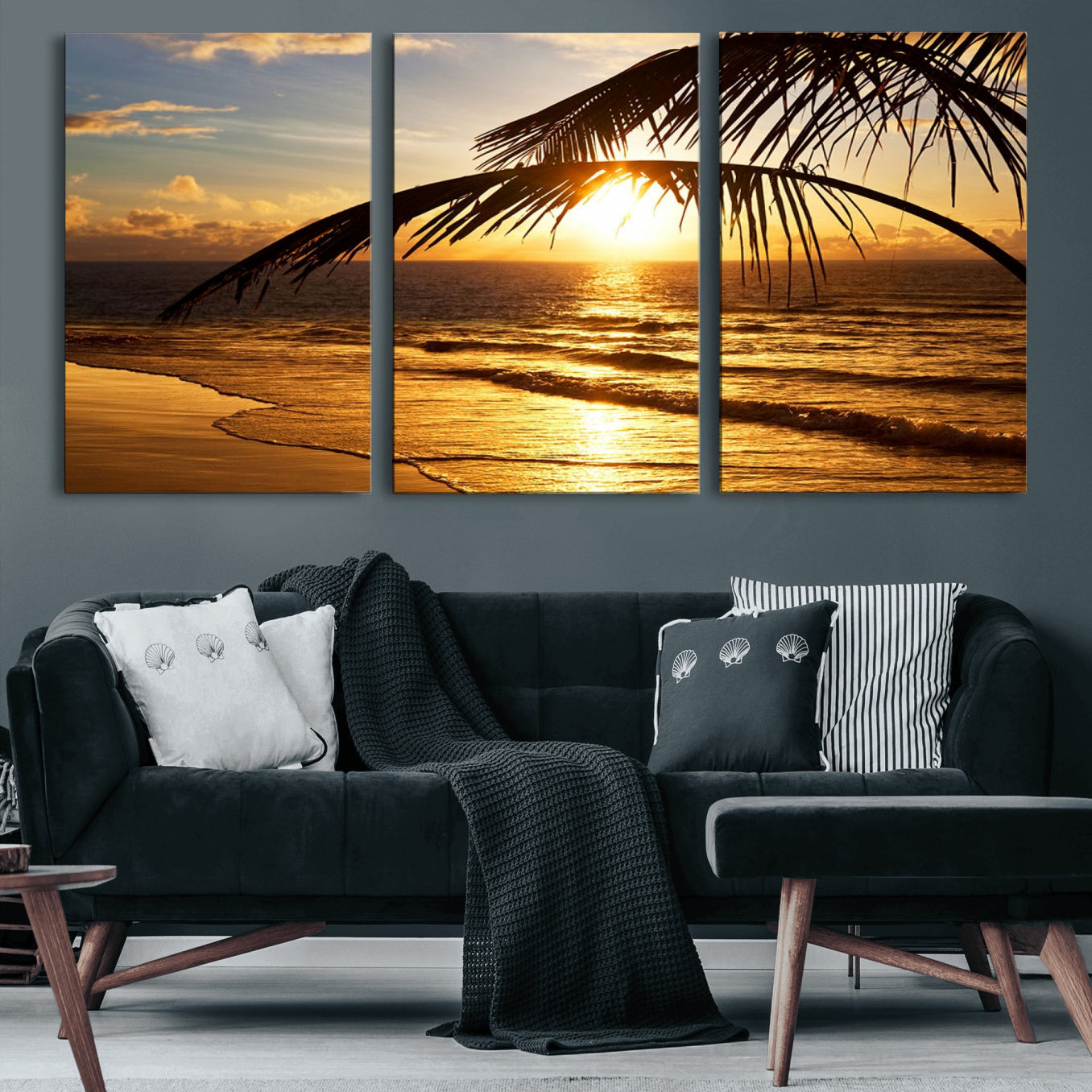 -Golden Tropical Beach Sunset Canvas Triptych, Coastal Palm Tree Wall Art, Ocean Shoreline Giclee
