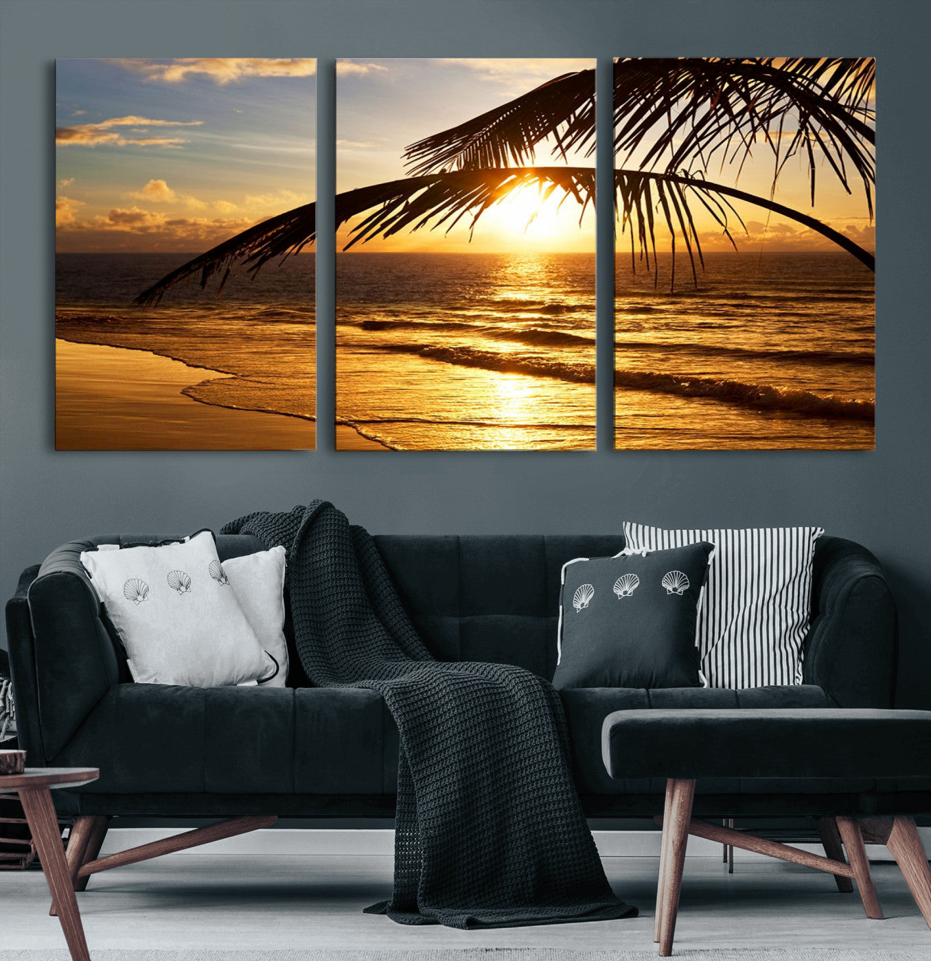 -Golden Tropical Beach Sunset Canvas Triptych, Coastal Palm Tree Wall Art, Ocean Shoreline Giclee