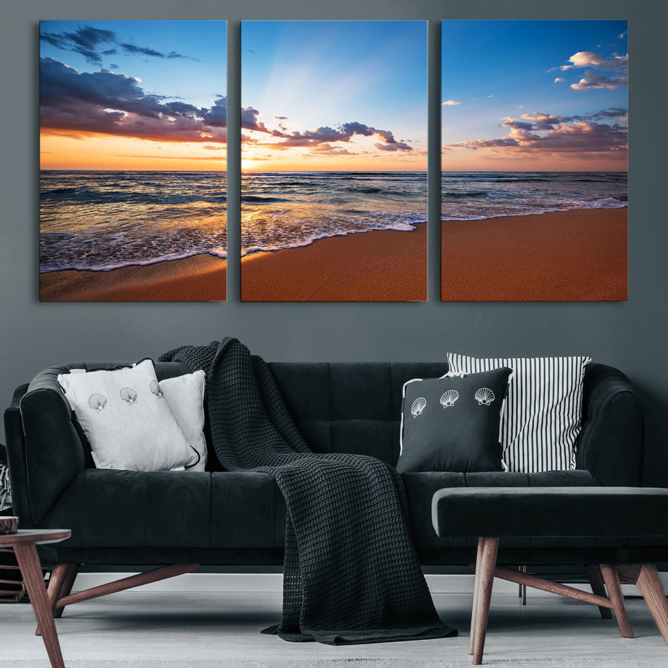 53062-MGV-CV-60X30-3P-Serene Ocean Sunset Canvas Print, Golden Hour Beach Wall Art, Giclee Canvas with Gallery Wrap and