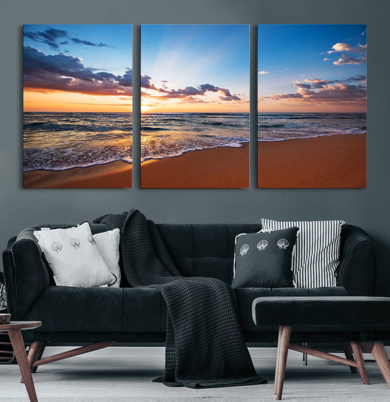 53062-MGV-CV-60X30-3P-Serene Ocean Sunset Canvas Print, Golden Hour Beach Wall Art, Giclee Canvas with Gallery Wrap and