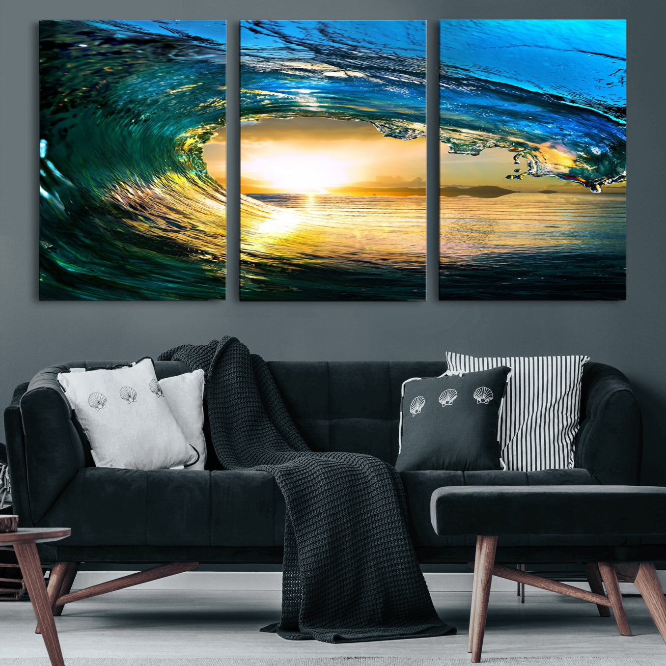 19378-MGV-CV-60X30-3P-Ocean Wave at Sunset Canvas Art, Large Wall Print of Vibrant Water Waves, Coastal Art for Living