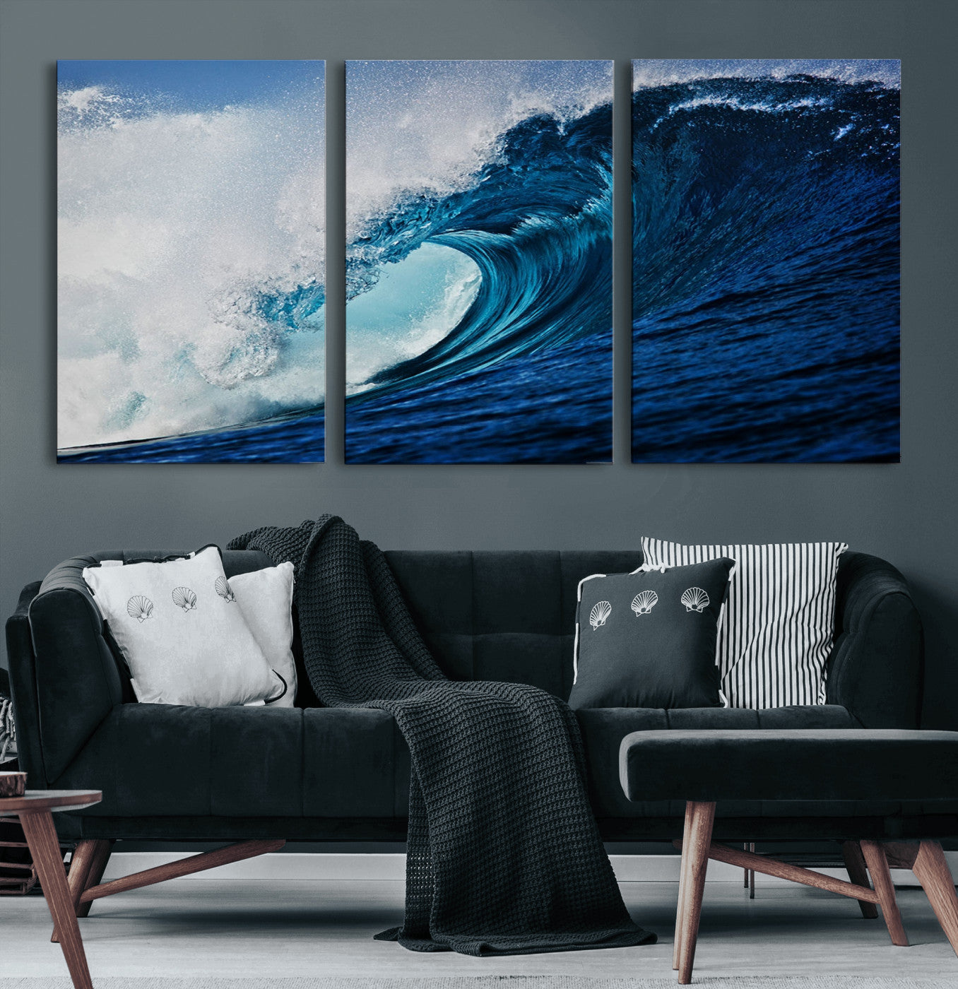89502-MGV-CV-60X30-3P-Ocean Wave at Sunset Canvas Art, Large Wall Print of Vibrant Water Waves, Coastal Art for Living