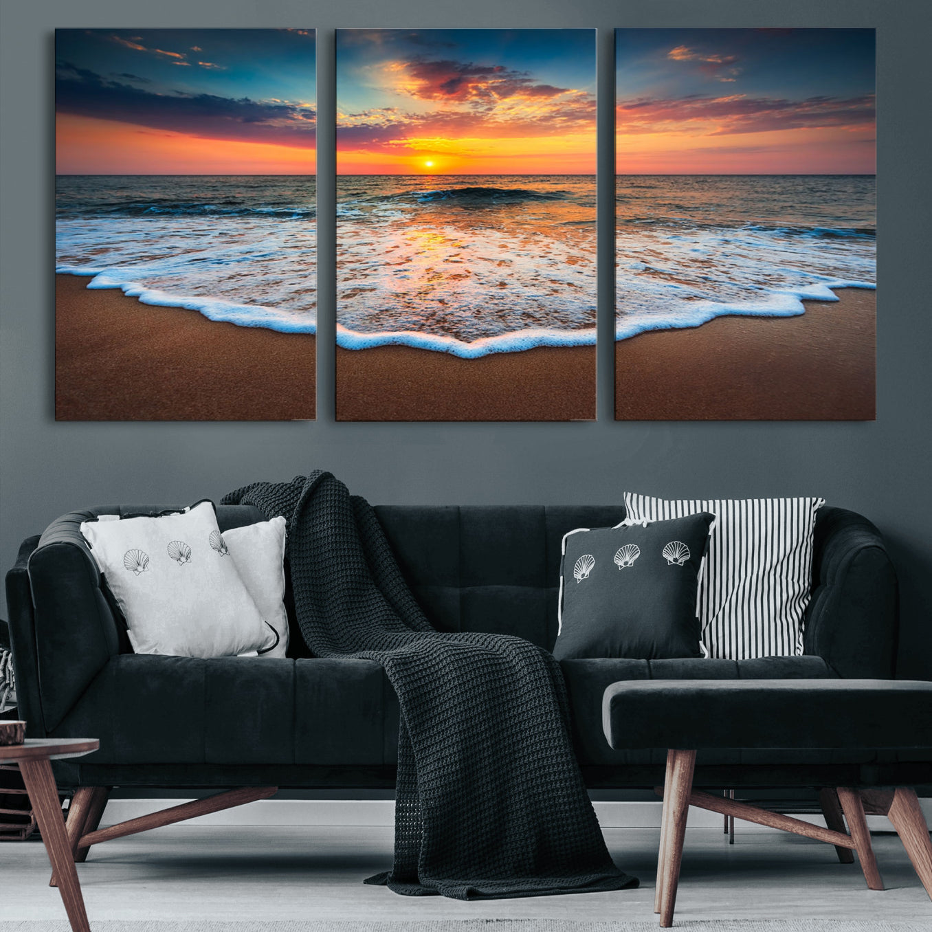 16110-MGV-CV-60X30-3P-Sunset Beach Canvas Wall Art – Colorful Ocean Waves Triptych – Coastal Decor for Living Room or