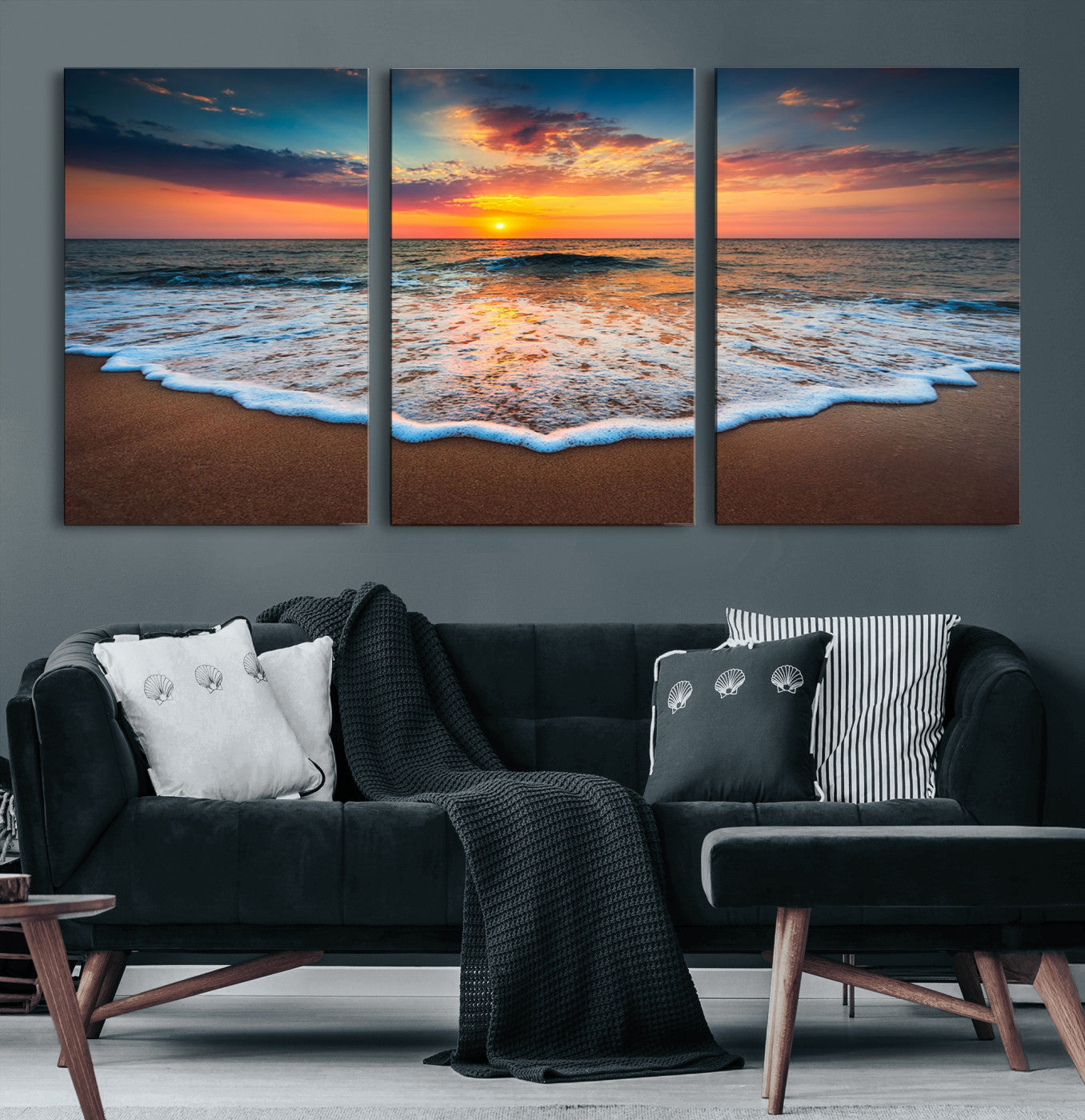 16110-MGV-CV-60X30-3P-Sunset Beach Canvas Wall Art – Colorful Ocean Waves Triptych – Coastal Decor for Living Room or