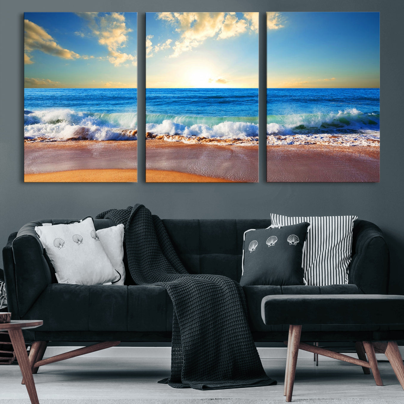 -Tropical Beach Sunset Canvas Art, Ocean Waves and Sandy Shoreline Wall Art, Large Beach Decor for