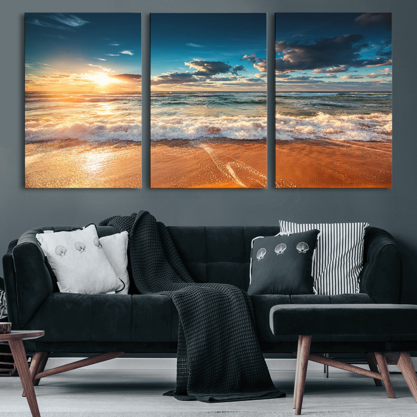 35648-MGV-CV-60X30-3P-Golden Sunset Beach Triptych Canvas Art, Giclee Coastal Wall Decor, Ocean Waves Print, Modern Beach