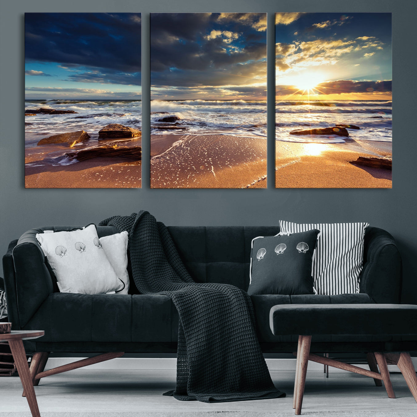 44481-MGV-CV-60X30-3P-Golden Hour Beach Sunset Canvas Triptych, Ocean Waves and Rocks Wall Art for Coastal Home Decor