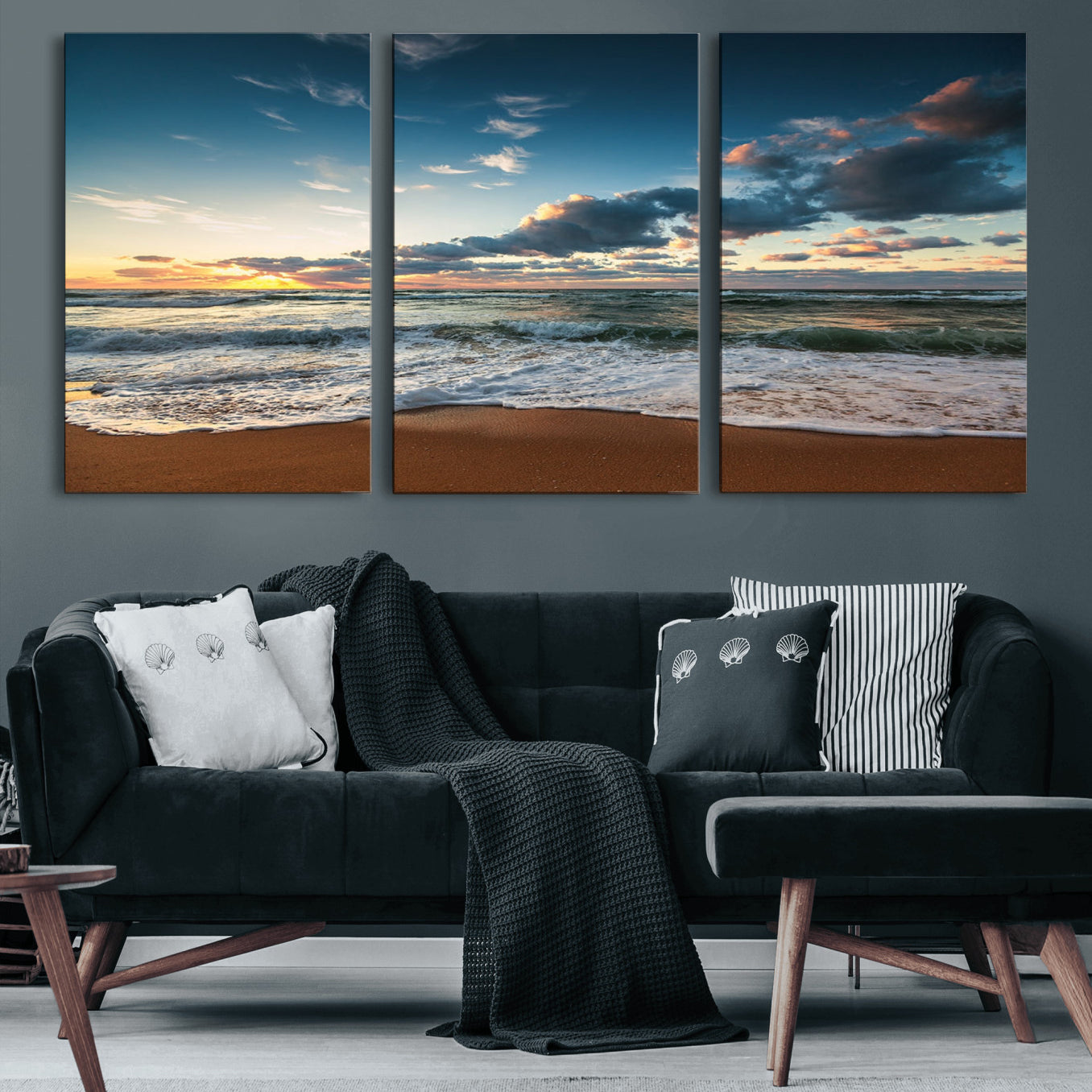 58103-MGV-CV-60X30-3P-Ocean Beach Wall Art Canvas Print Sunset Artwork Print Coastal Wall Art