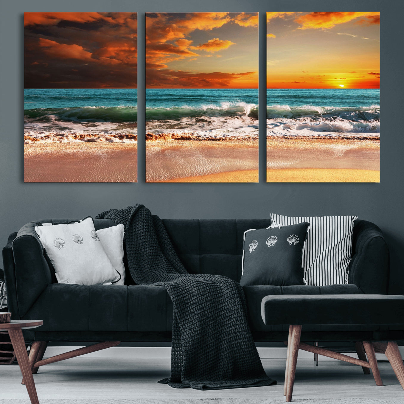 72948-MGV-CV-60X30-3P-Golden Sunset Beach Canvas Wall Art – Triptych Seascape Print – Framed and Ready to Hang for Living