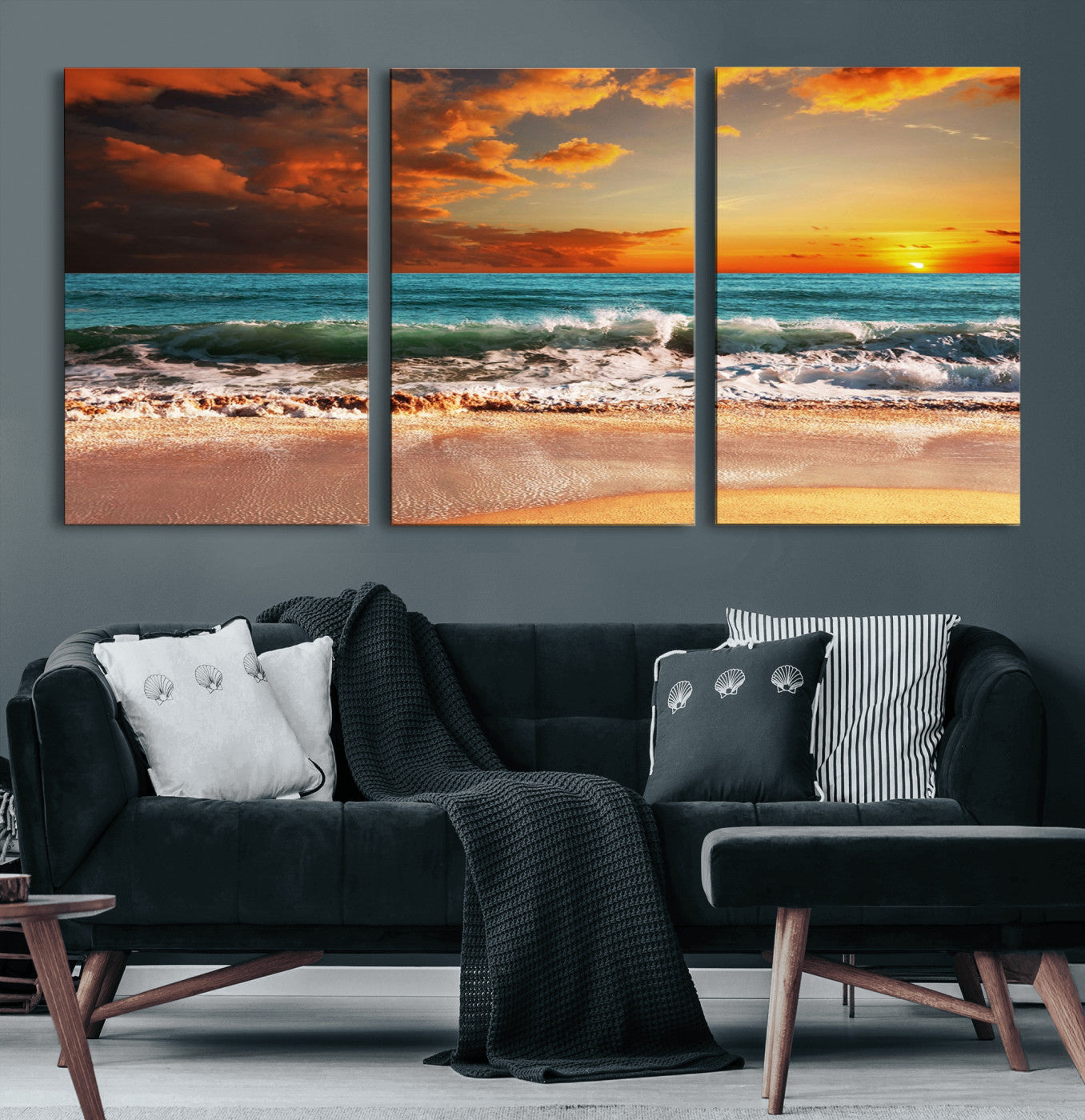 72948-MGV-CV-60X30-3P-Golden Sunset Beach Canvas Wall Art – Triptych Seascape Print – Framed and Ready to Hang for Living