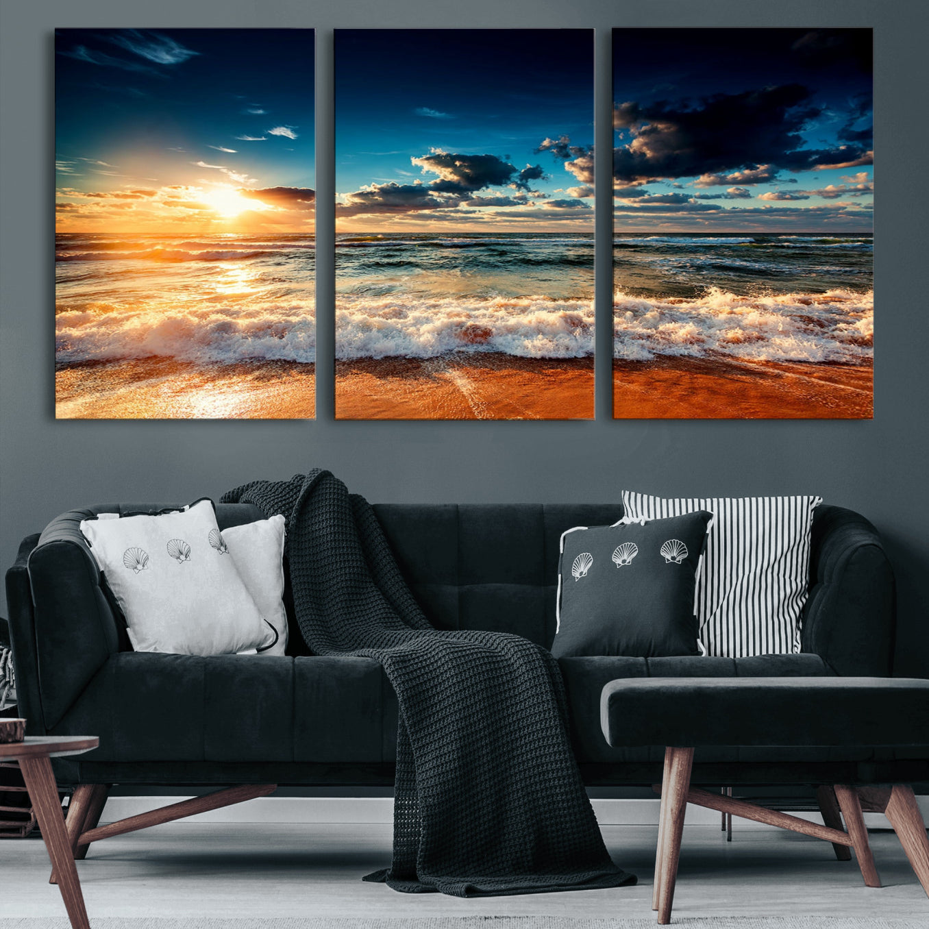 26996-MGV-CV-60X30-3P-Golden Hour Sunset Over Ocean Waves Wall Art Canvas Print | 3 Panel Coastal Landscape Canvas Wall
