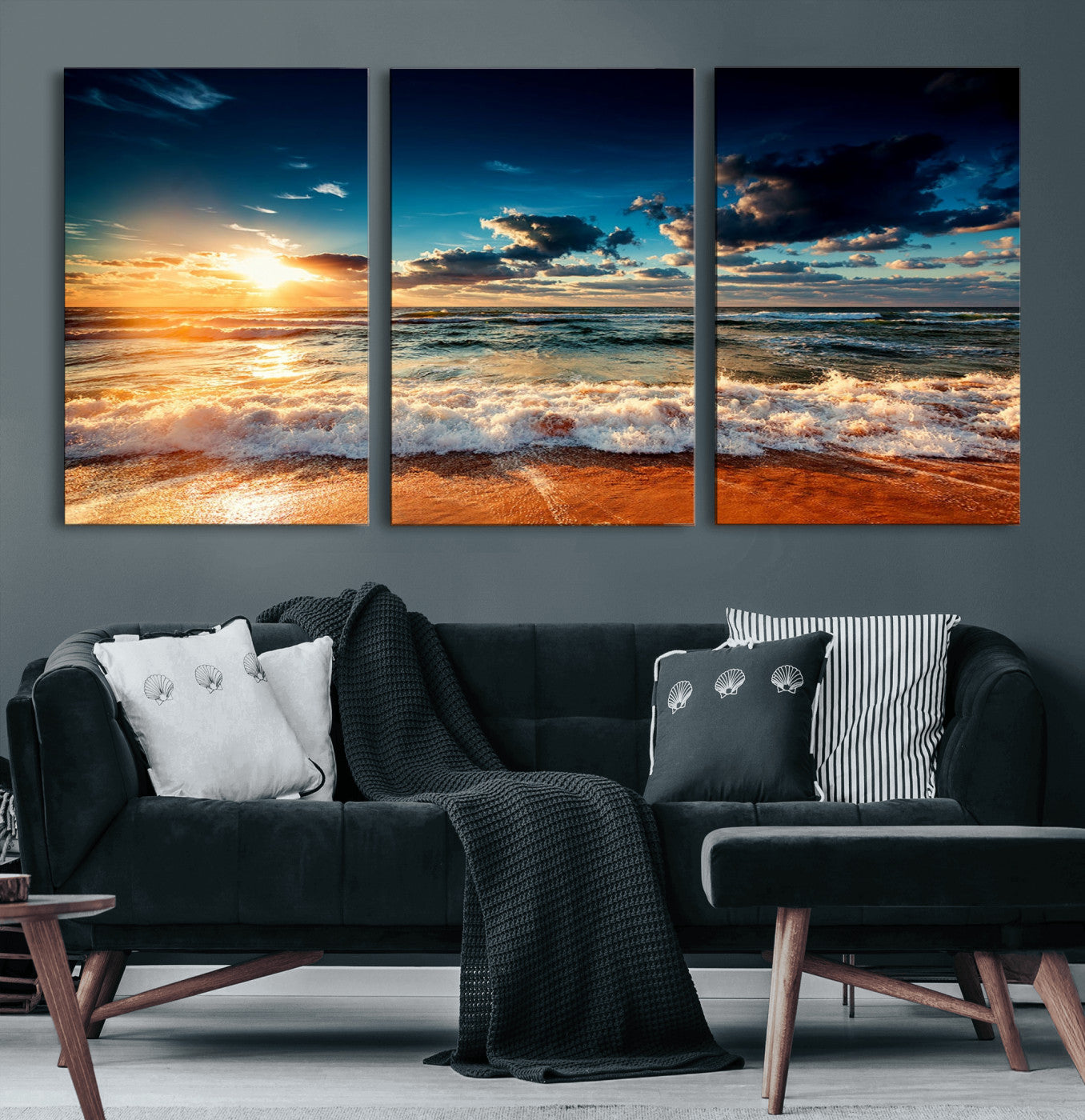 26996-MGV-CV-60X30-3P-Golden Hour Sunset Over Ocean Waves Wall Art Canvas Print | 3 Panel Coastal Landscape Canvas Wall