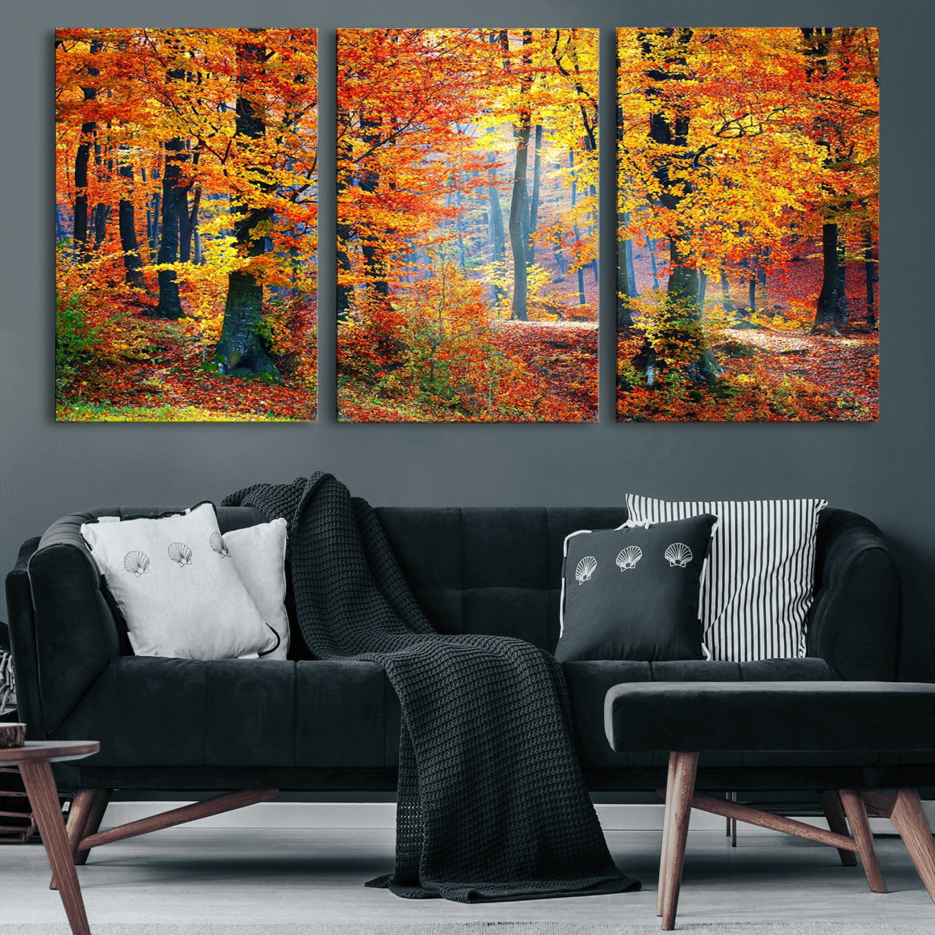 91746-MGV-CV-60X30-3P-Autumn Red Forest Triptych Canvas Wall Art Print, Forest Wall Decor, Fall Landscape Art | Season